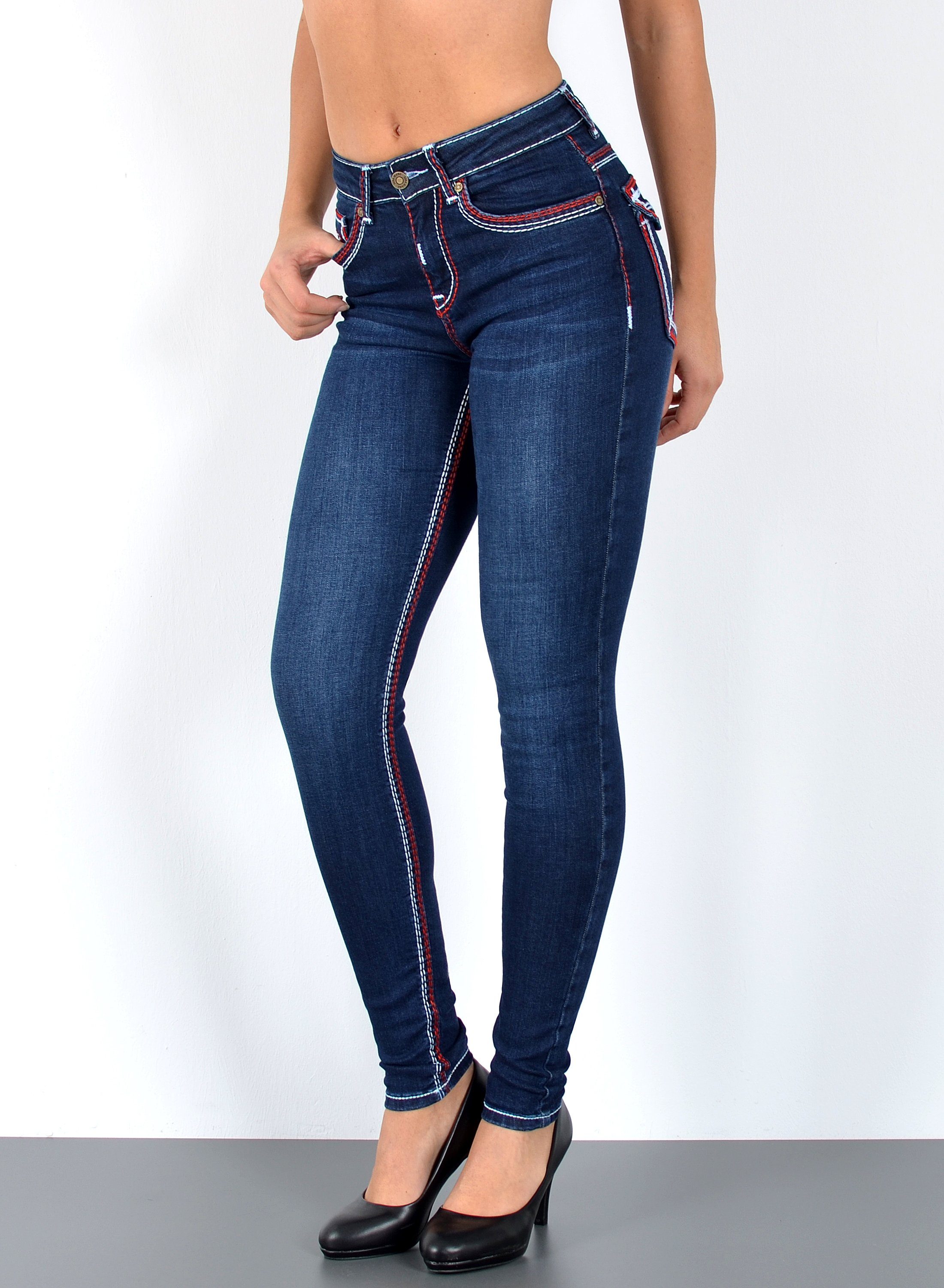ESRA Skinny-fit-Jeans J420 Damen Skinny Jeans, High Waist, dicke Naht Jeans,  bis Übergröße / Plussize, Enge Skinny Hose, dicke Kontrastnähte, hohe  Leibhöhe, Stretch, bis Große Größen, Enge Skinny Röhrenjeans, Hoch Bund, mit