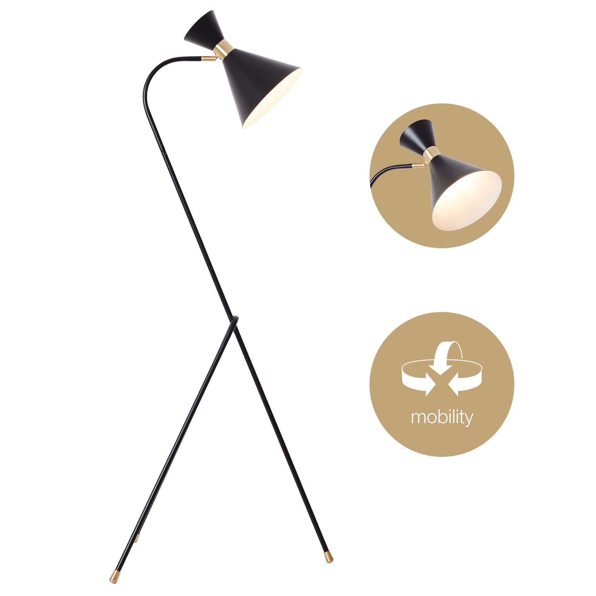 schwarz Retro schwenkbar, Dreibein-Lampe, Leuchtmittel, cm, matt Stehlampe, ohne Metall, Lightbox E27, 161
