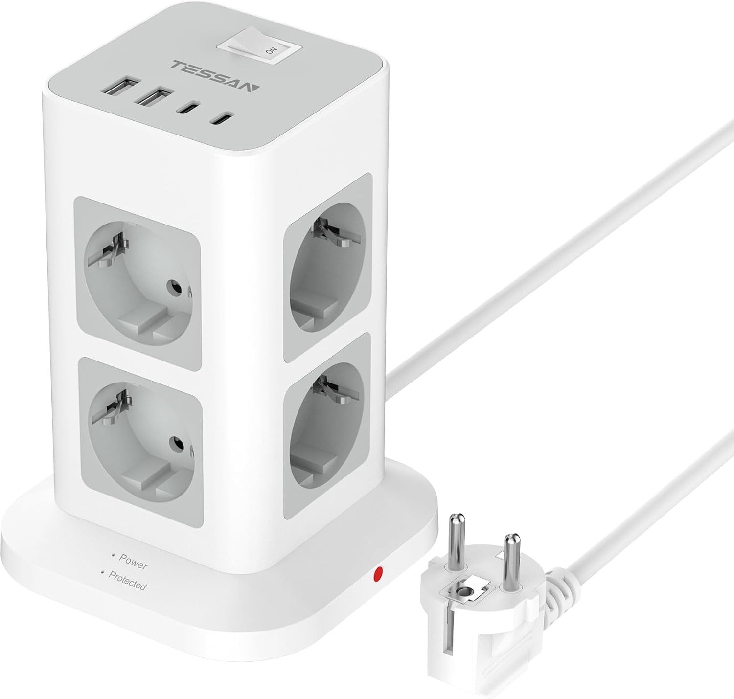 TESSAN 8 Fach Mehrfachsteckdose 4 USB Steckdosenleiste Kabel 2m Mehrfachsteckdose (Ein- / Ausschalter, USB-Anschlüsse, Schutzkontaktkupplung, Überspannungsschutz, Kabellänge 2 m)