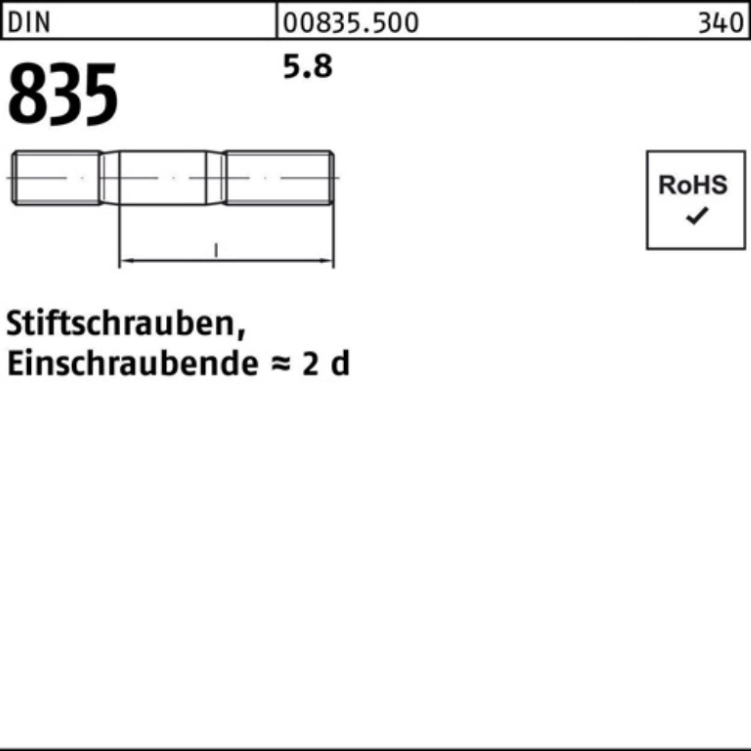 Reyher 20 Stiftschraube 5.8 DIN Stiftschraube Stü Pack 835 100 100er M8x Einschraubende=2d