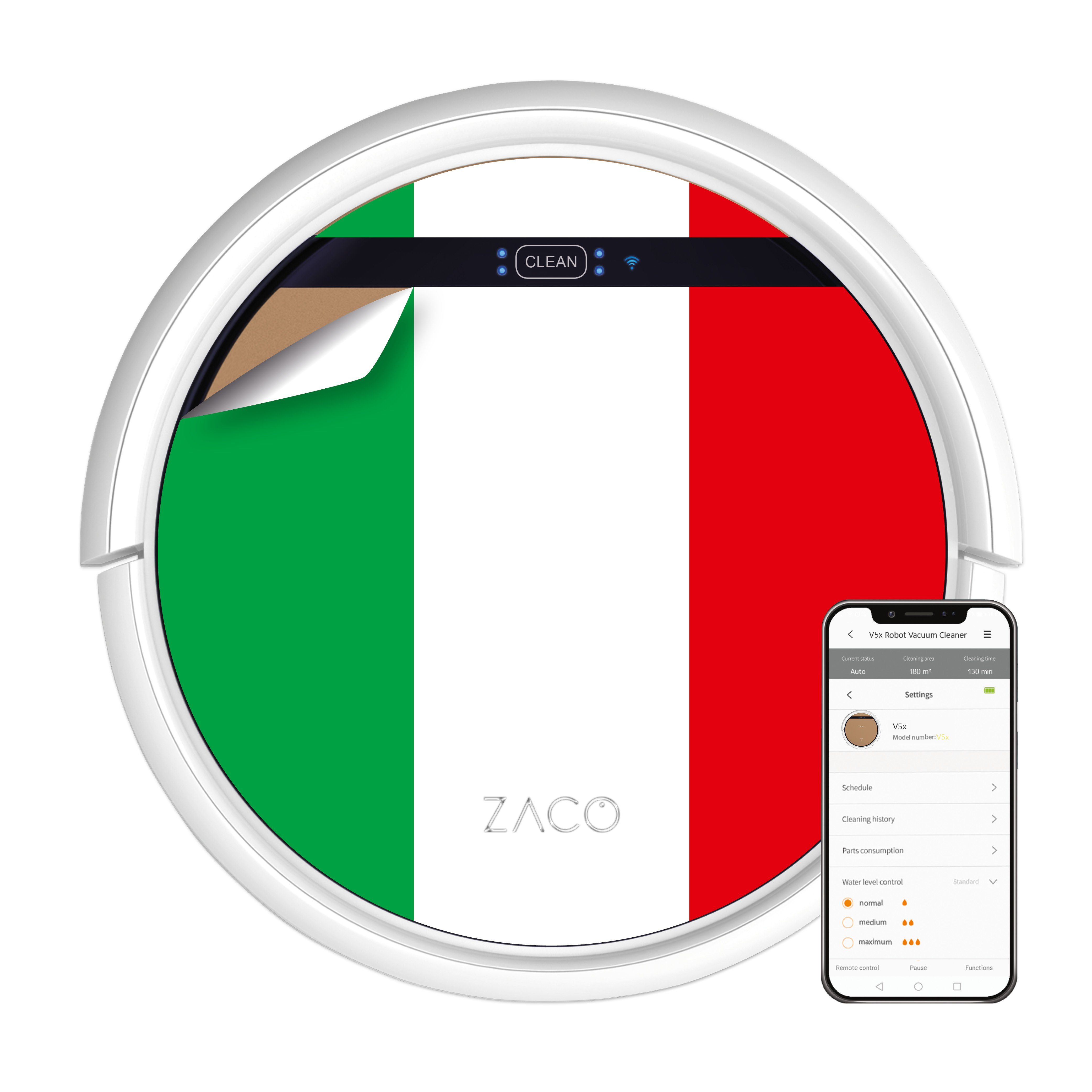 Saugroboter ZACO Sprachsteuerung, Tierhaare App, V5x, 22 Wischfunktion Flagge W, beutellos, Italienische Nass-Trocken-Saugroboter mit Alexa