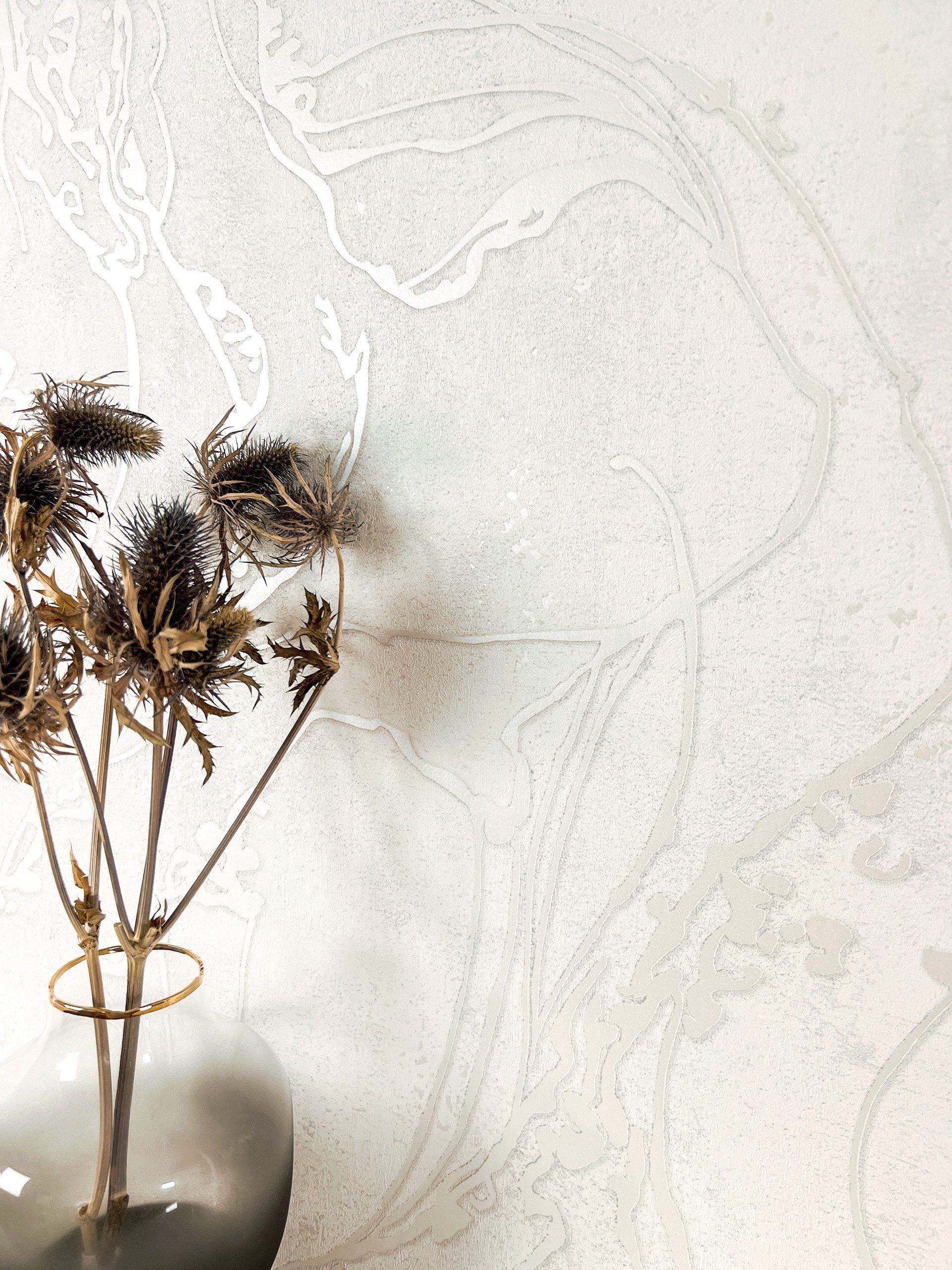 Newroom Vliestapete Fozia White Tapete Mustertapete Grafik,Linien,Leicht glänzend, Weiß Tapete Modern Grafik - Glanztapete Abstrakt Pearl Metallic Grafisch 3D Optik Linien Leicht glänzend für Wohnzimmer Schlafzimmer Küche, Glanztapete