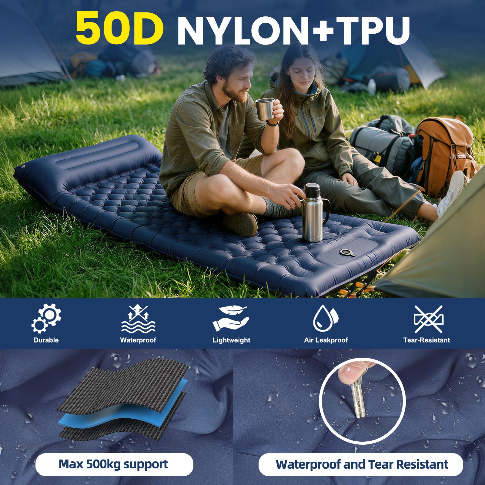 Bundviel Isomatte Camping Selbstaufblasend 12cm Dicke Luftmatratze Utraleicht mit Fußp, Ultraleicht 196x70x12cm / 196x83x12cm – Bild 4 von 5