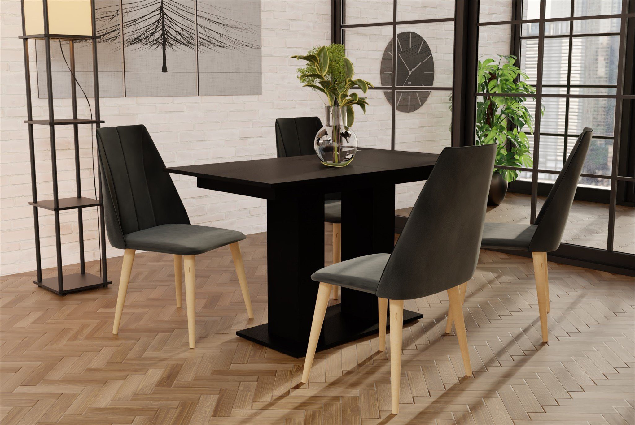 Fun Möbel Essgruppe Essgruppe CAROS mit 4 Stühlen und Tisch DANTE Schwarz matt, (5-tlg), ausziehbarer Tisch Dunkelgrau
