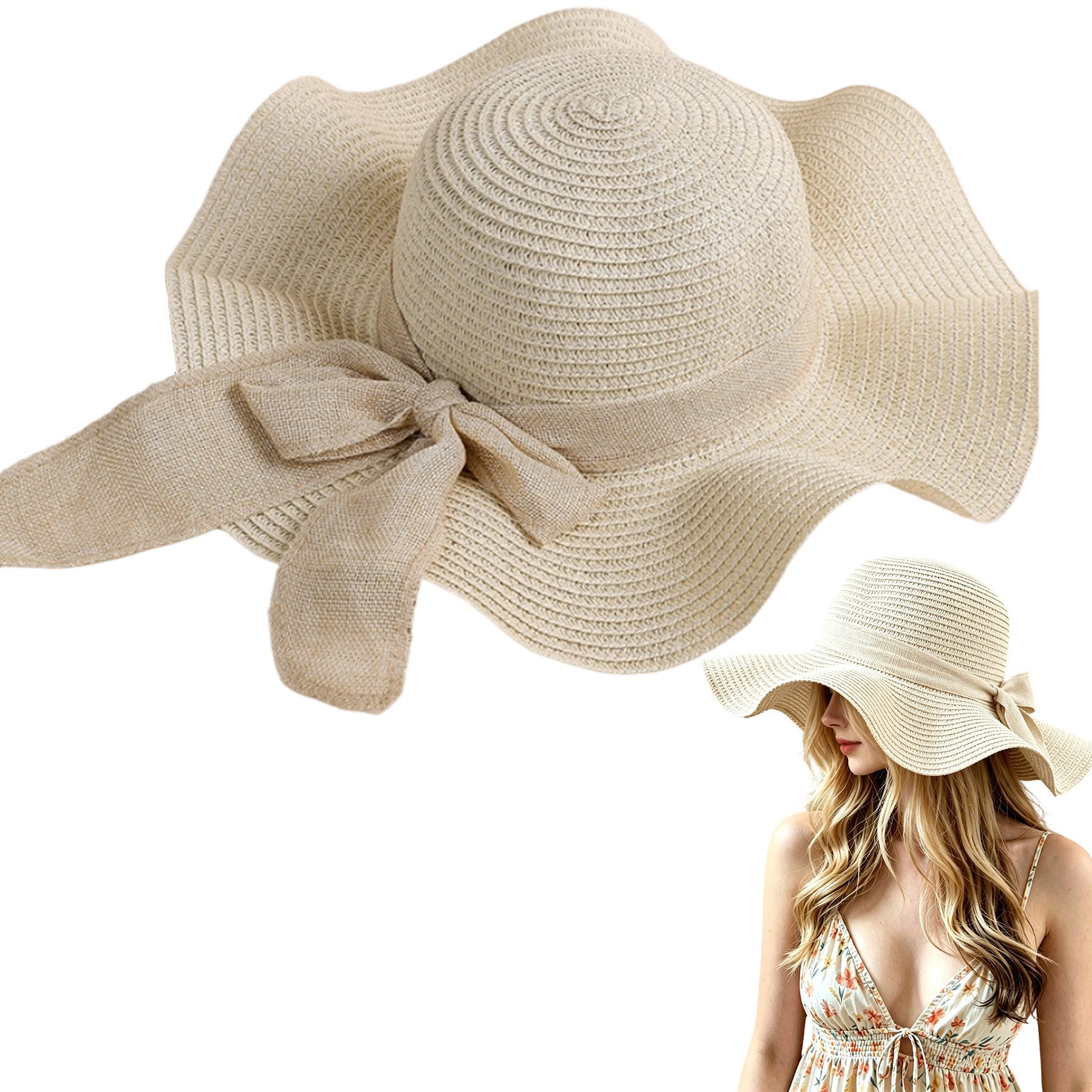 Mutig Strohhut Damen Sonnenhut Strohhut, Faltbarer Strandhut Sommerhut mit Breiter (Krempe, Leicht Atmungsaktiv, Eleganter Sonnenhut für Frauen, Unisex Hut) für Reisen Urlaub Strand Outdoor Aktivitäten