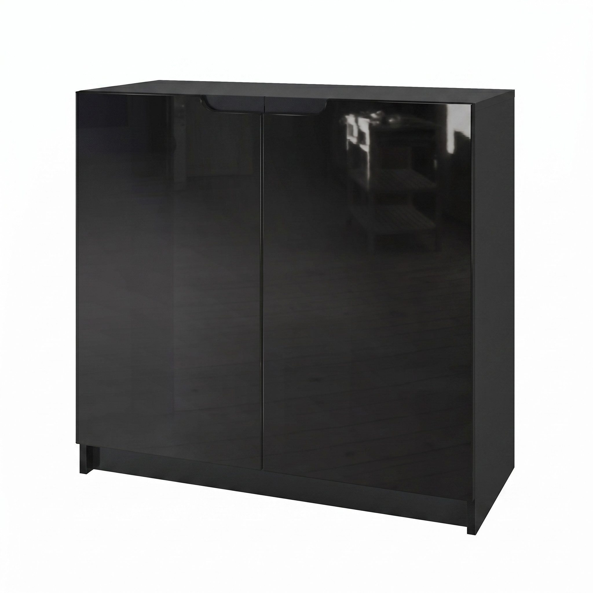 Vladon Kommode Logan (Kommode, mit 2 Türen), Schwarz matt/Schwarz Hochglanz (82 x 78 x 37 cm)