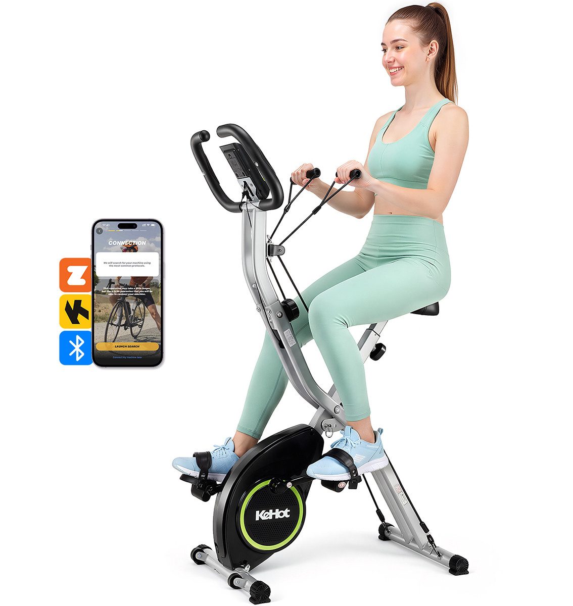 kehot Heimtrainer X-Bike Heimtrainer klappbar mit 16-Stufen-Magnetbremse (Bluetooth App für Kinomap & Zwift interaktives Training, Indoor Bike 5-fach Verstellbare Sitzhöhe,mit Pulssensor LCD Display), 5-fach verstellbarer Sitz mit Pulssensor & LCD Display