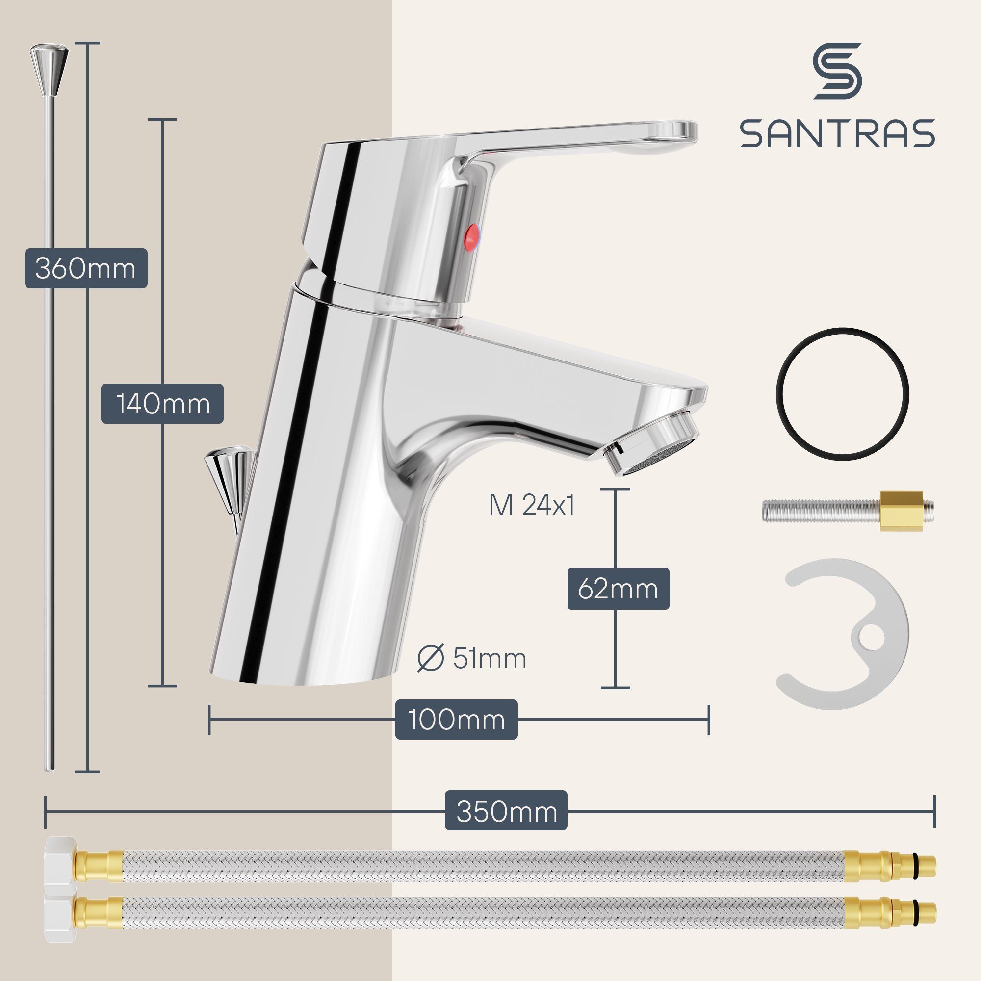 Santras Waschtischarmatur mit Zugstange und Ablaufgarnitur in Chrom