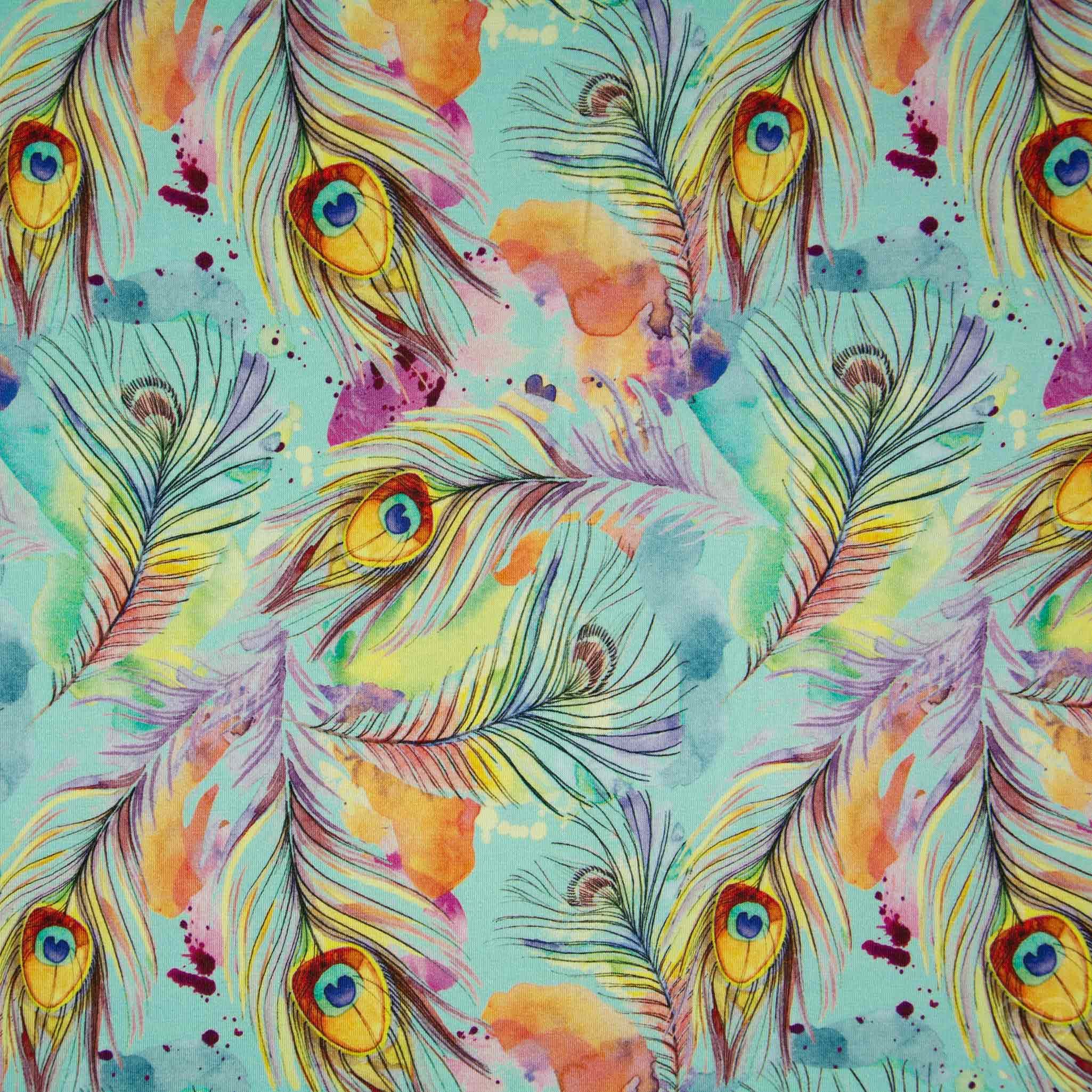 maDDma Stoff Bambusjersey Pfauenfedern Print Meterware 150cm breit Sommer
