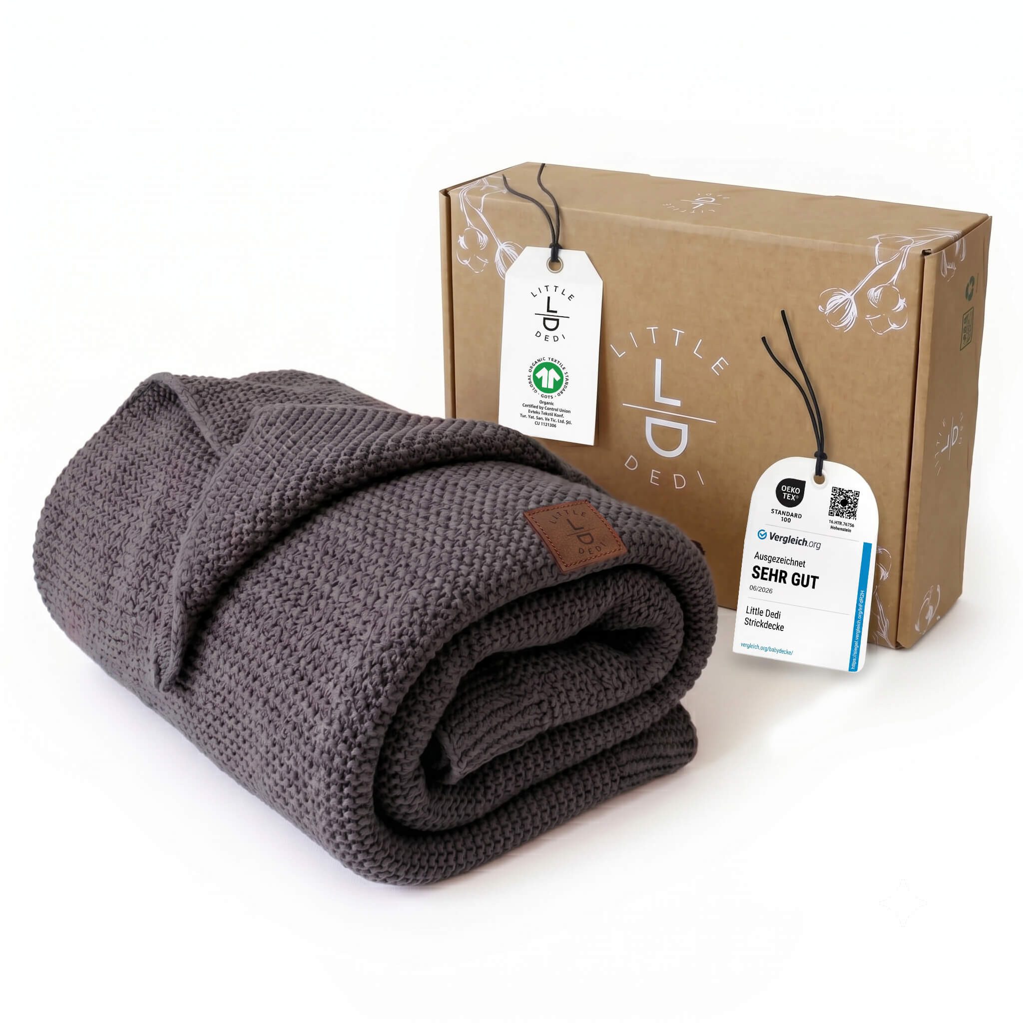 Babydecke Baby Strickdecke, %100 Bio Baumwolle, Atmungsaktiv 80x100cm Grau, Little Dedi