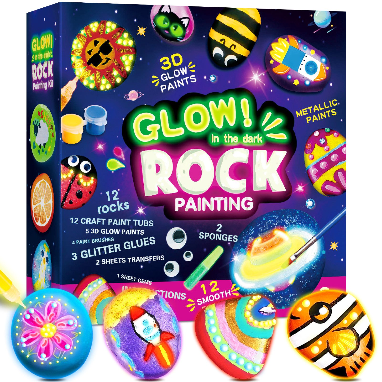Wootoy Kreativset Steine-Bemalset Experimentierkasten 12 Steine zum Bemalen DIY Set, (mit Leuchtfarben Glitzerkleber Stickern und Kreativzubehör, 1-tlg., Glow-in-the-Dark-Farben erzeugen beeindruckende Leuchteffekte), Attraktive Geschenkidee für kreative Kinder Bastelprojekte Geburtstage