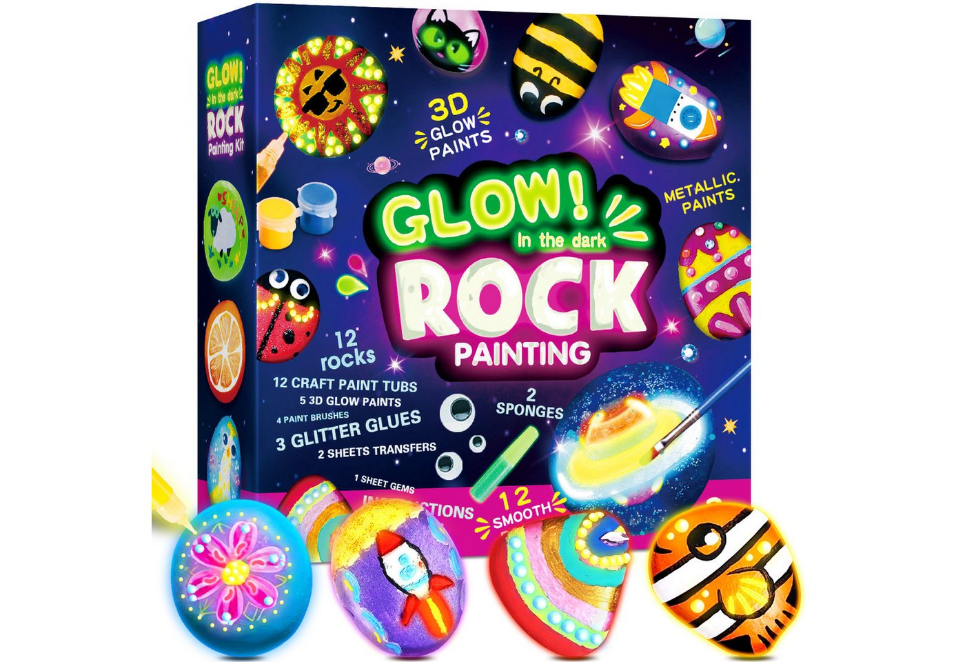 Wootoy Kreativset Steine-Bemalset Experimentierkasten 12 Steine zum Bemalen DIY Set, (mit Leuchtfarben Glitzerkleber Stickern und Kreativzubehör, 1-tlg., Glow-in-the-Dark-Farben erzeugen beeindruckende Leuchteffekte), Attraktive Geschenkidee für kreative
