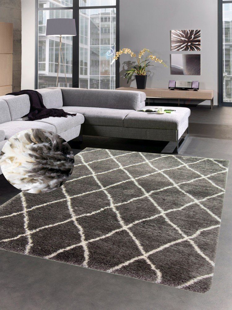 Carpetia Hochflor-Teppich Shaggy Teppich Flokati Hochflor Rauten grau creme, rechteckig, Höhe: 45 mm