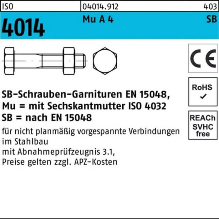 Bufab Sechskantschraube 100er Pack Sechskantschraube ISO 4014 Schaft/Mutter M16x 160 A 4 SB 10