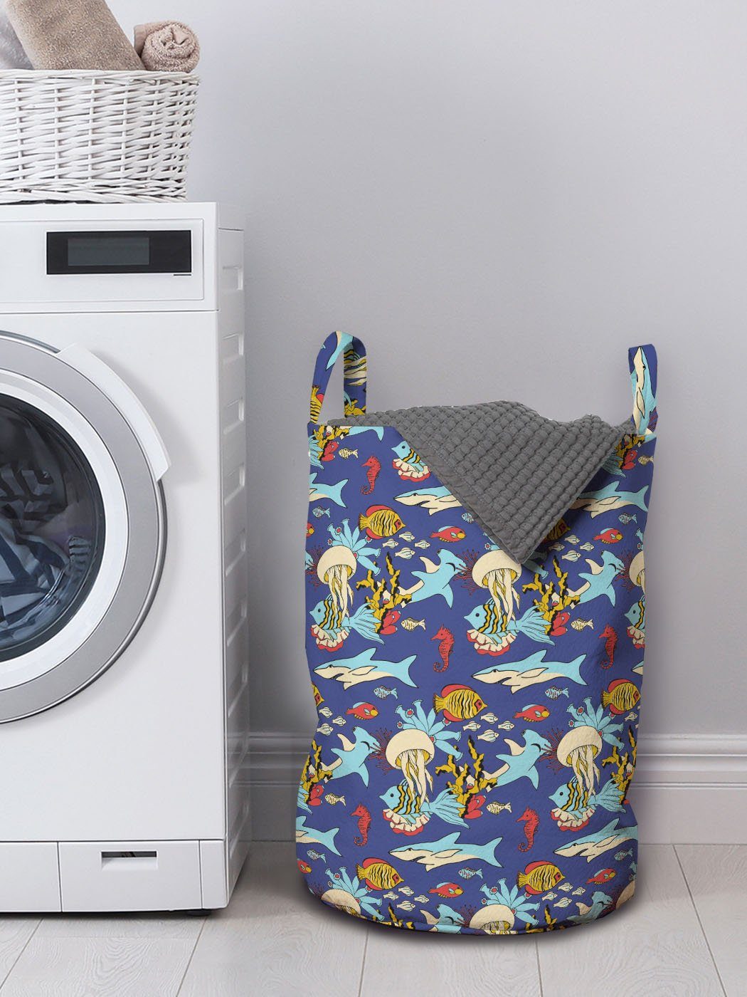 Kordelzugverschluss Wäschesäckchen Abakuhaus für Waschsalons, Griffen Doodle Wäschekorb Seahorse mit Unterwasserwelt