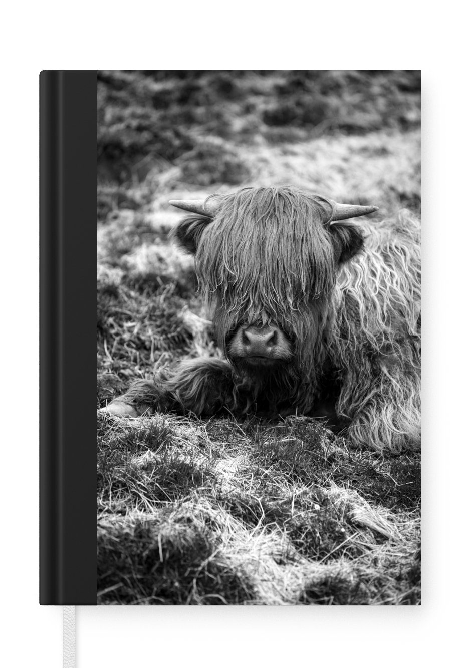 MuchoWow Notizbuch Ruhender schottischer Highlander - schwarz und weiß, Journal, Merkzettel, Tagebuch, Notizheft, A5, 98 Seiten, Haushaltsbuch