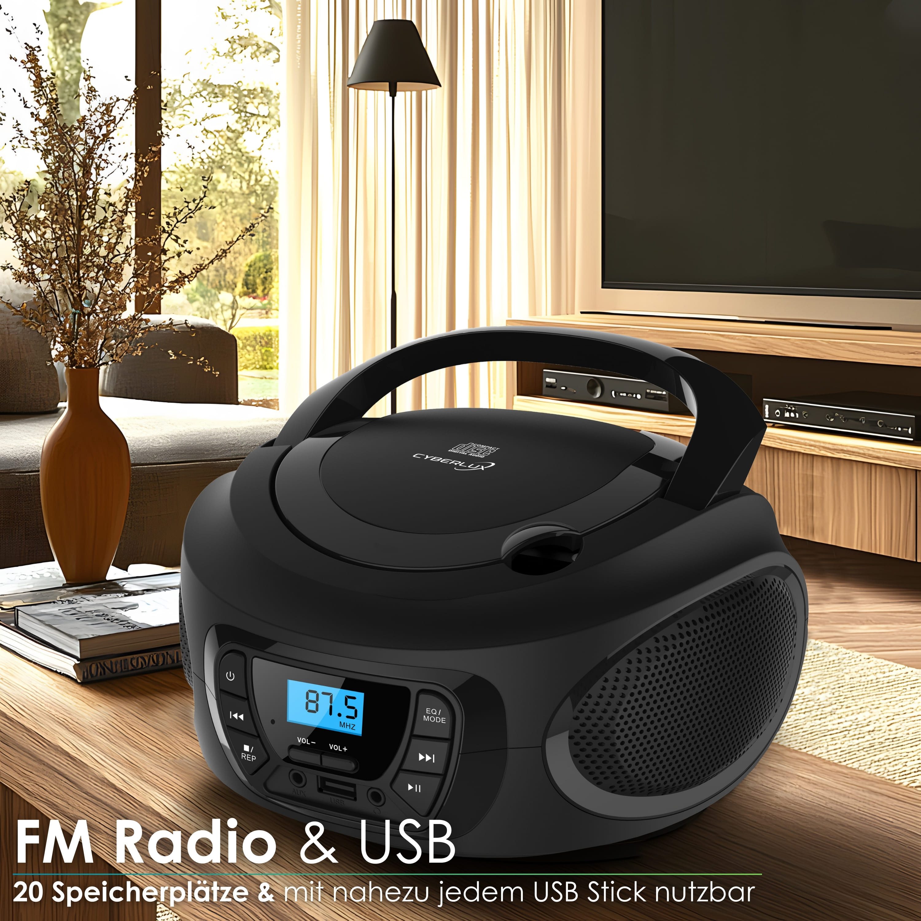 Cyberlux CL-600 tragbarer CD-Player (CD, Kinder CD Player tragbar, Boombox, Musikbox, FM Radio mit MP3 USB)