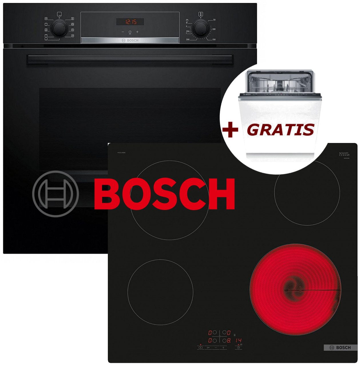 BOSCH Backofen-Set Herdset Bosch Autark + Kochfeld +Gratis Spülmaschine Vollintegriert, mit 1-fach-Teleskopauszug