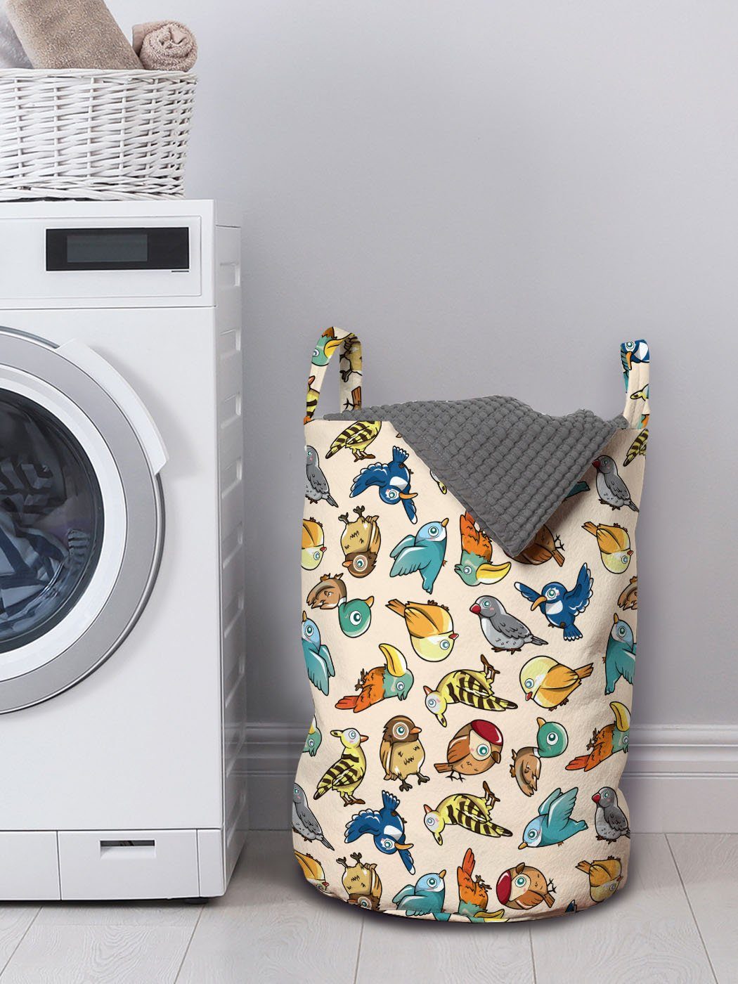 Waschsalons, für Abakuhaus Kordelzugverschluss lustiger Vögel Wäschekorb Childish Wäschesäckchen Griffen Cartoon-Entwurf mit