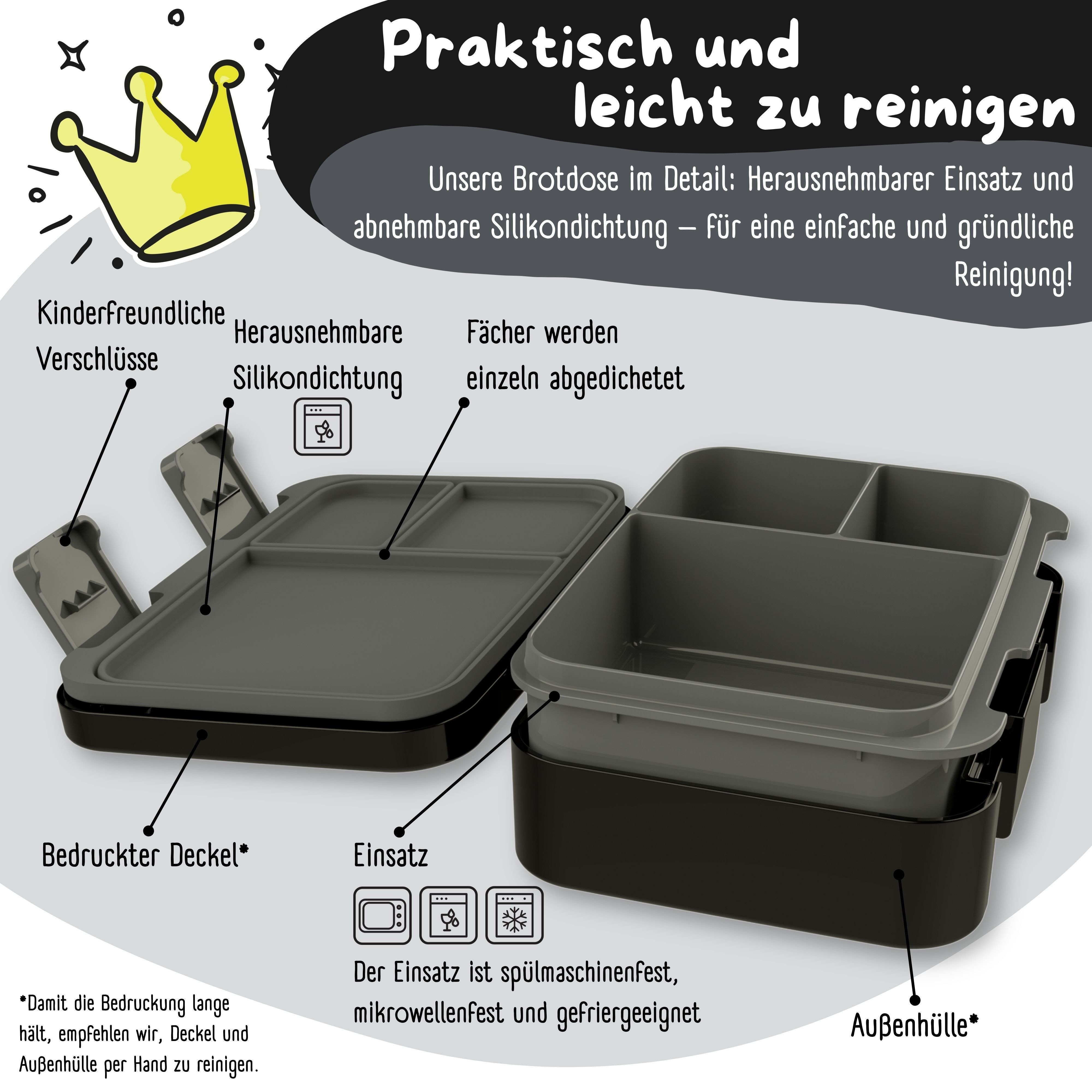 BEARFOOT Lunchbox Brotdose mit Fächern, leicht & auslaufsicher - schwarz, PP, ABS, Silikon, Kindergarten und Schule - Mädchen und Jungen, Vesperbox, Snackbox