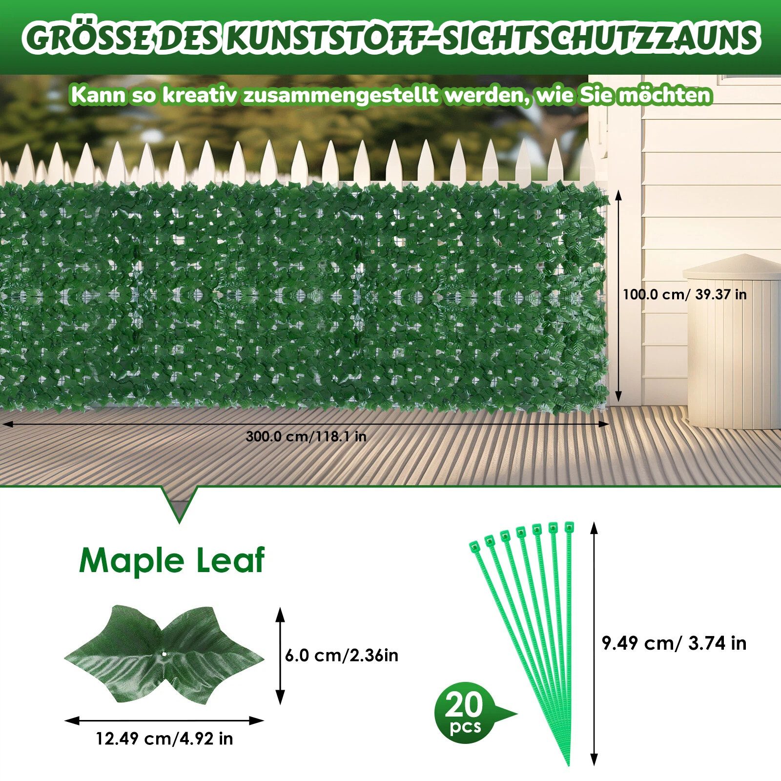 LEMLIT Balkonsichtschutz 1×3 m Kunsthecken-Sichtschutz, Efeu Hecke Windschutz für Balkon (1er Set, 1-St., mit Kabelbindern montierbar) Luftdurchlässige Rückseit – Bild 2 von 5
