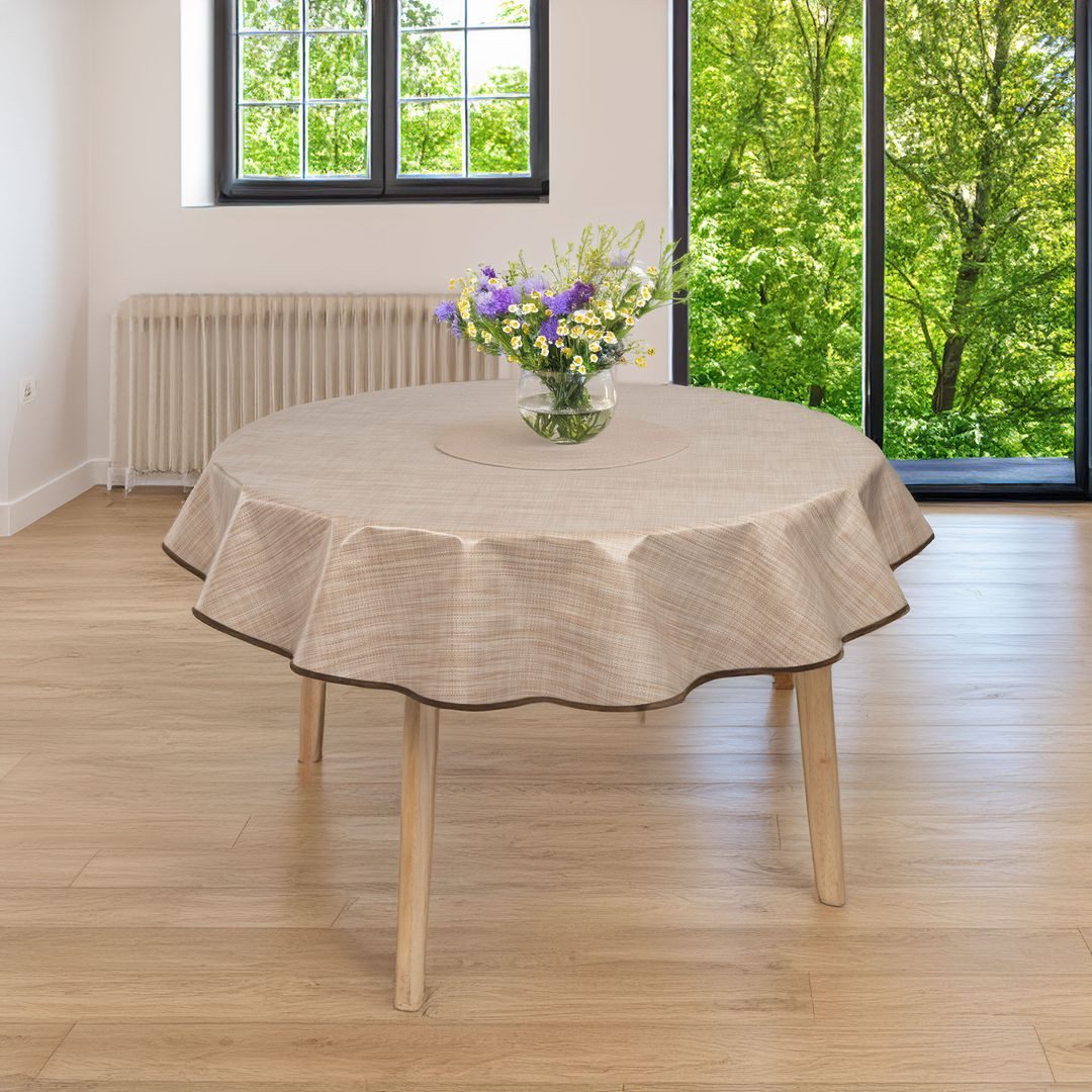 laro Tischdecke 140cm runde Wachstuchtischdecke Saum-Eingefasst Leinenoptik – Bild 4 von 5