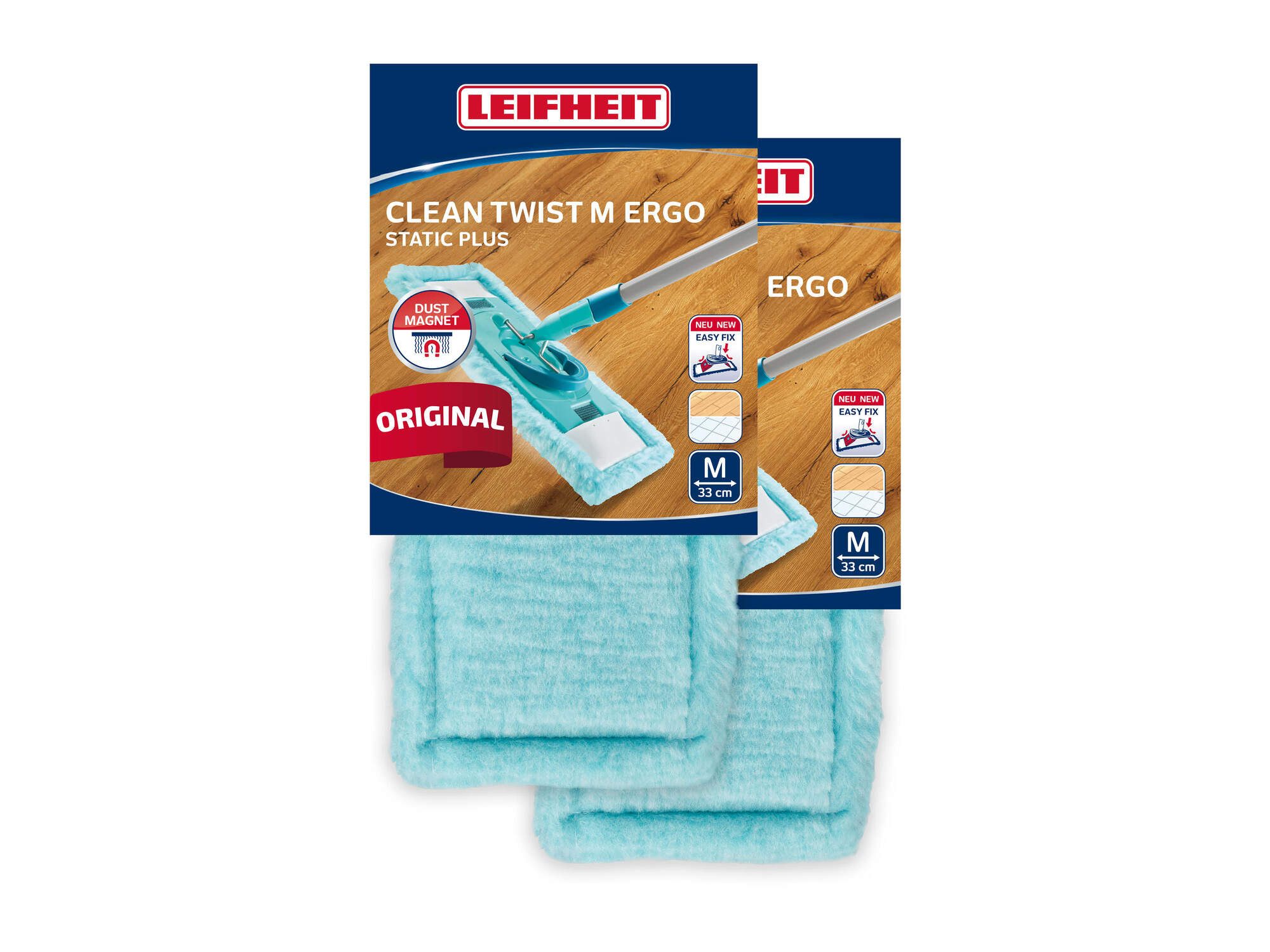 Leifheit 2er Set Wischbezug CLEAN TWIST M Ergo / POWER CLEAN M static plus Wischbezug (Kunstfaser, 16.0x39.0 cm, 2-tlg., Waschbar bei 40°C, Wischbreite 33cm, für alle glatten Böden)