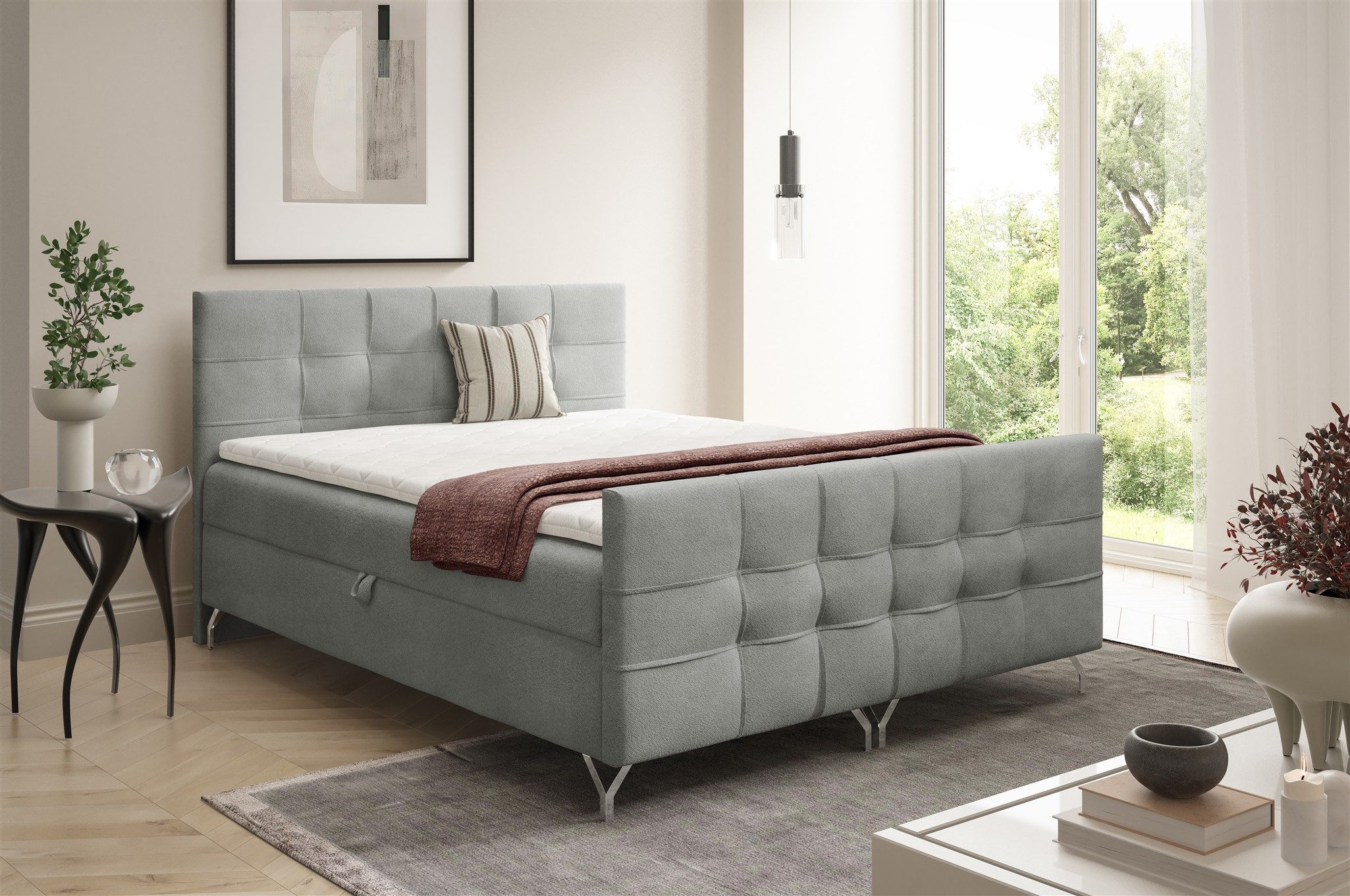 Fun Möbel Boxbett Bett Schlafzimmerbett PERLA Überlänge in Strukturstoff Coral (inkl. Topper, mit Bonellfederkernmatratzen), inkl. 2 x Bettkasten