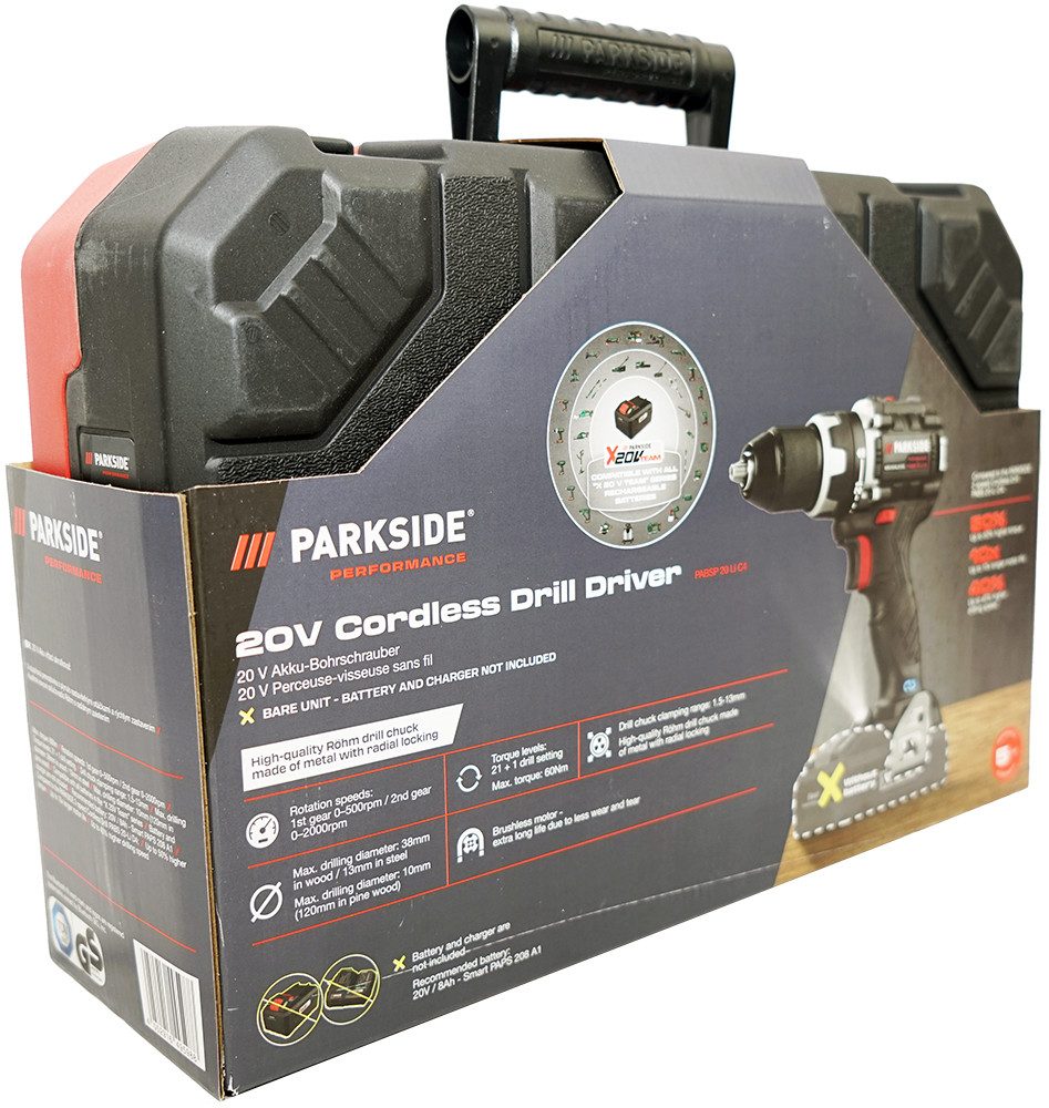PARKSIDE PERFORMANCE® Akku-Bohrschrauber 20V Akkuschrauber PABSP 20 (inkl. 2Ah Akku), 20 V, max. 2000 U/min, Integriertes LED-Arbeitslicht