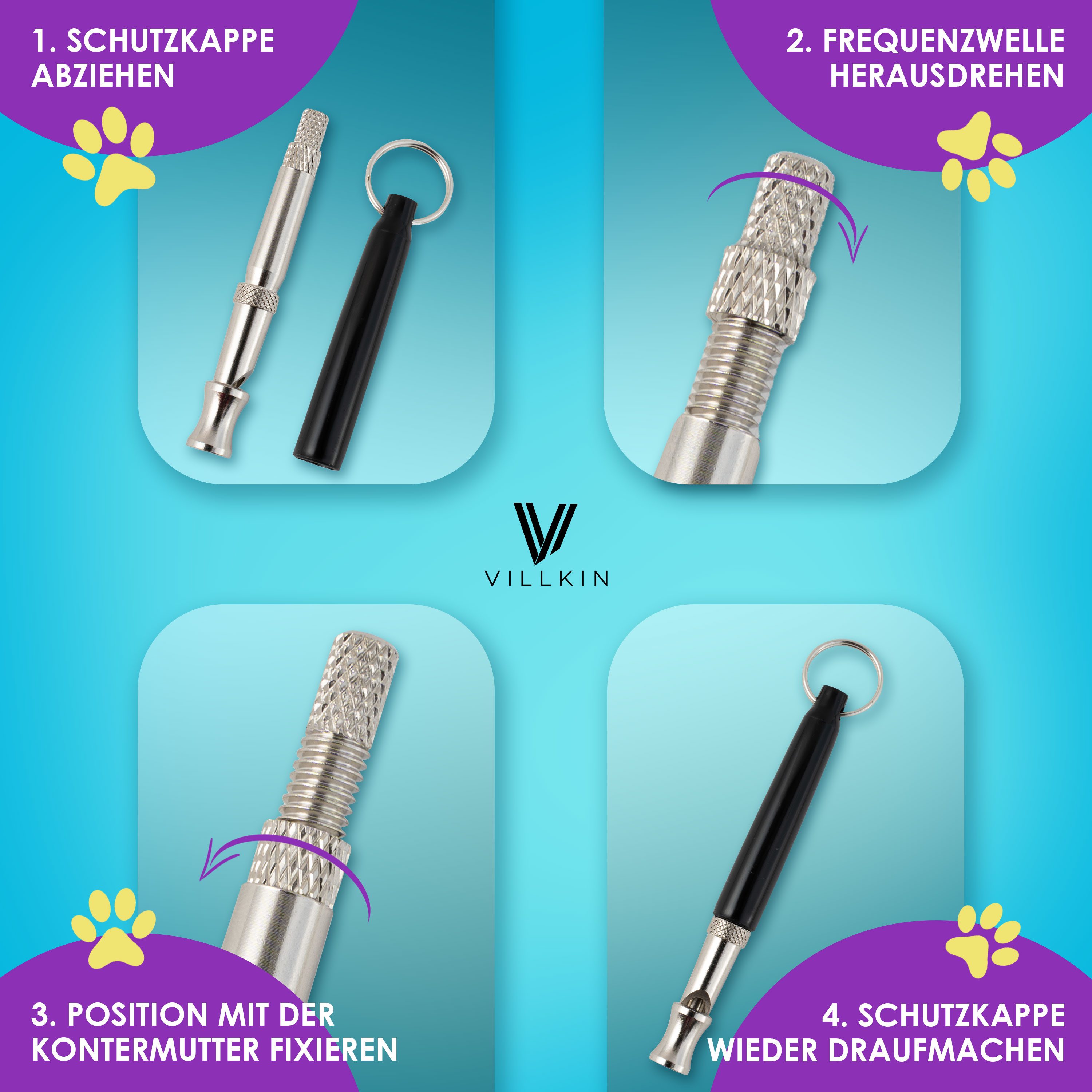 Villkin Hundepfeife, Trainingspfeife, Signalpfeife, Tierpfeife, Hochfrequenzpfeife, (2-St), 2 Hundepfeifen, 1 Halsband