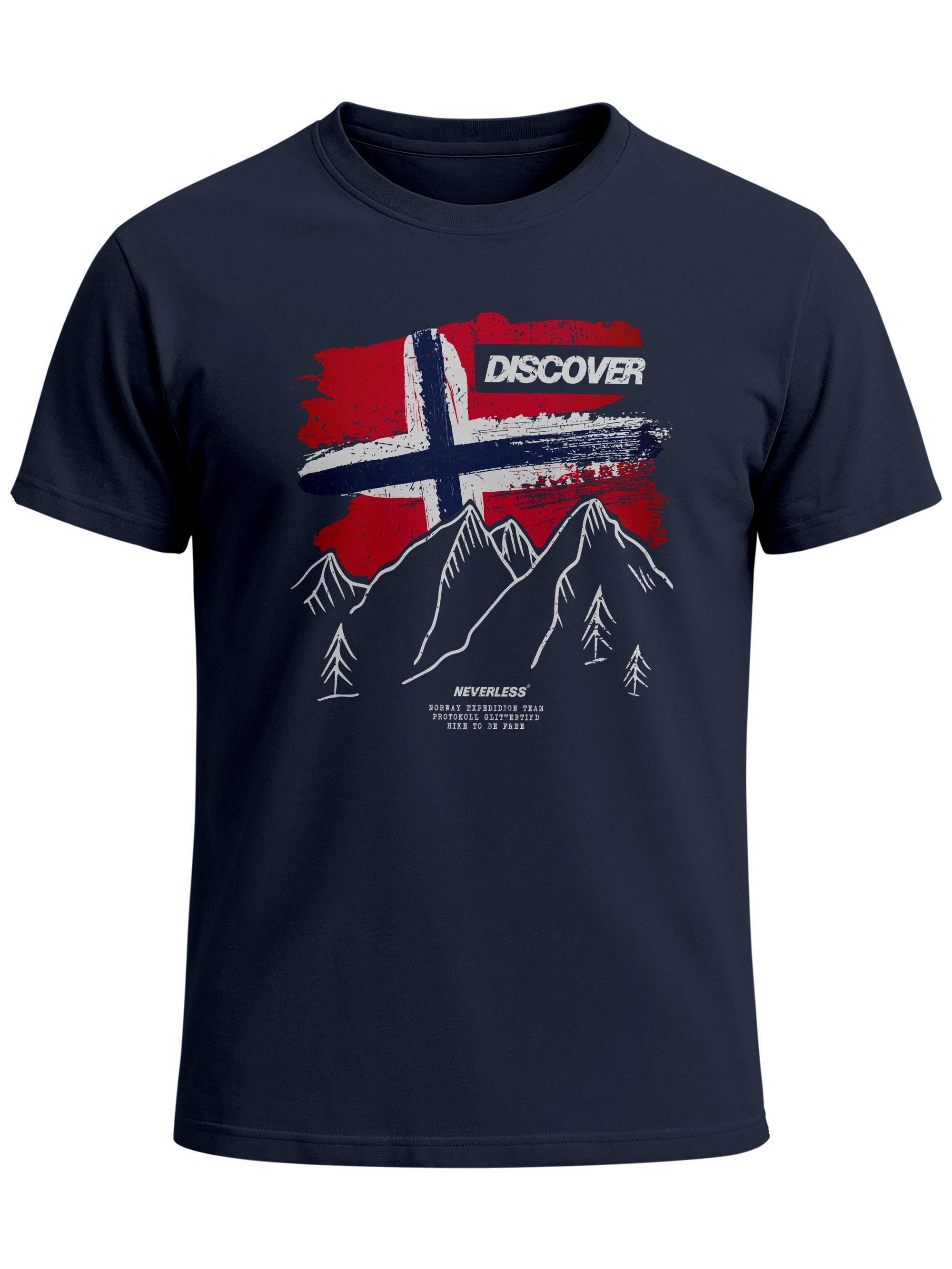 Neverless Print-Shirt Herren T-Shirt Norwegen Flagge Berge Discover Printshirt Outdoor mit Print