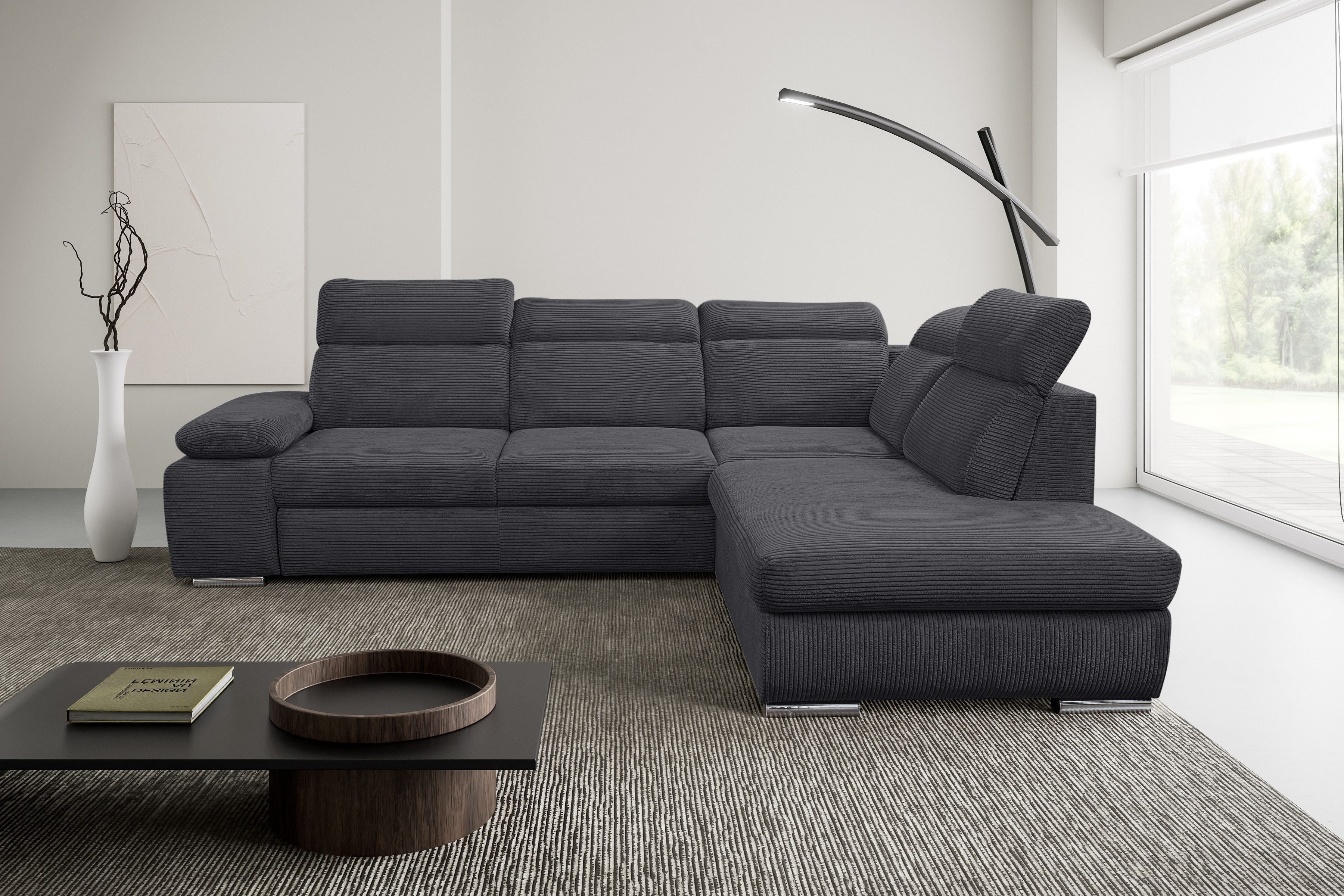 WERK2 Ecksofa Alicante Cord L-Form, Schlaffunktion & Bettkasten, 280 cm breit, Schlafsofa mit Bettkasten & verstellbaren Kopfstützen, frei stellbar