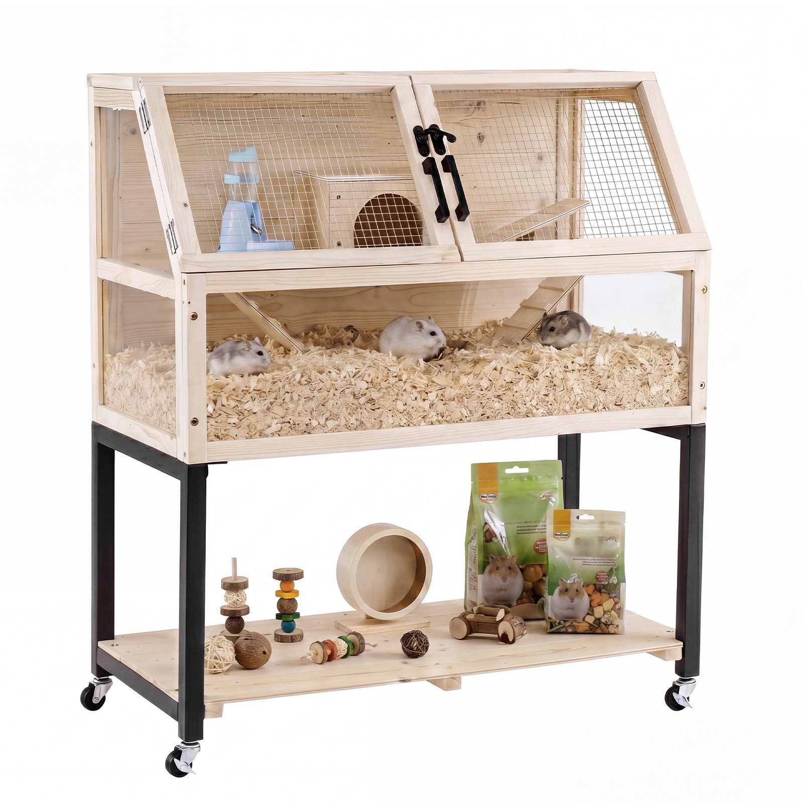 COSTWAY Kleintierkäfig 2-stöckiger Hamsterkäfig mit Rollen, Ablagefach, Spielbereich, aus Holz