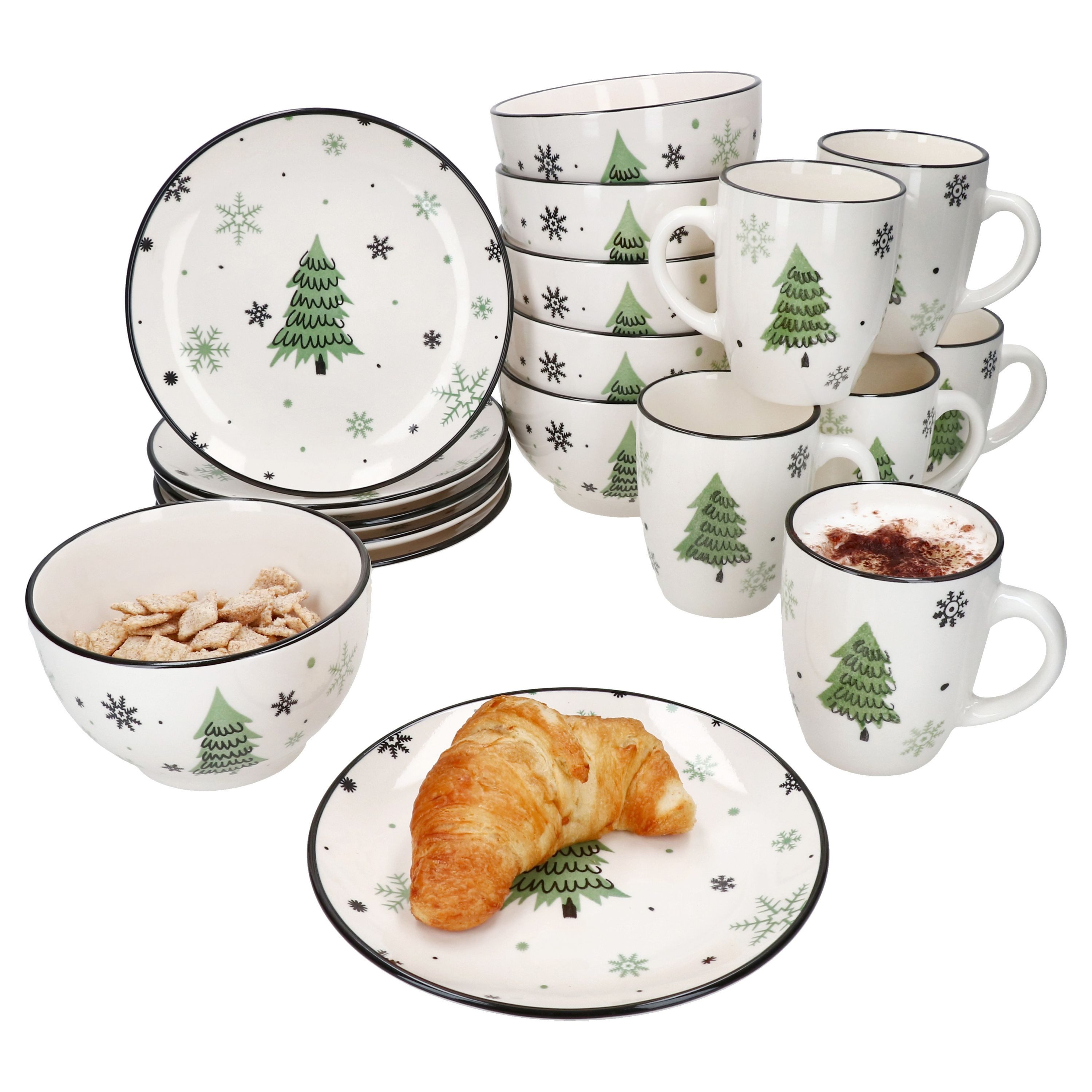 MamboCat Frühstücks-Geschirrset 18tlg Frühstücksset Weihnachtsbaum Steingut 6 Personen Teller Schale, Steingut