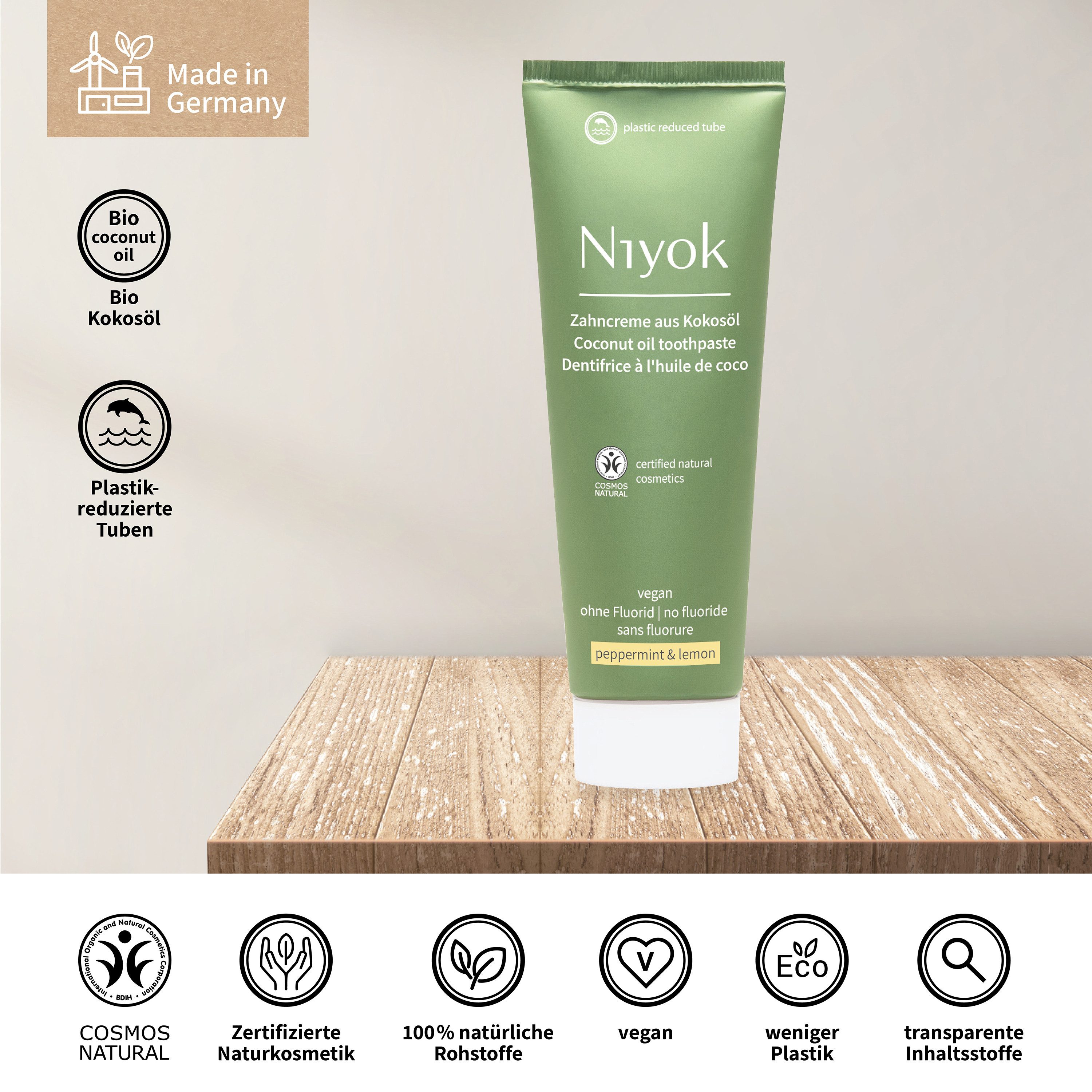 Niyok Zahnpasta aus Bio Kokosöl Ohne Fluorid & Vegan für Intensive Pflege & Frische, Pfefferminze & Zitrone (peppermint & lemon)
