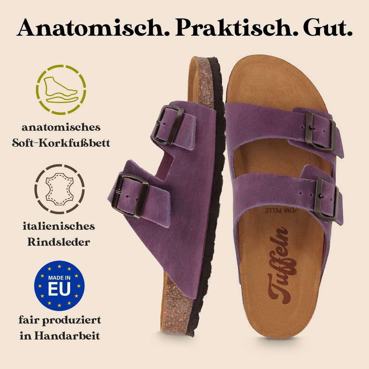 Tuffeln Leder-Sandalen 'Föhr' mit Korkfußbett Zweischnaller Pantolette Hausschuh mit weichem Tieffussbett