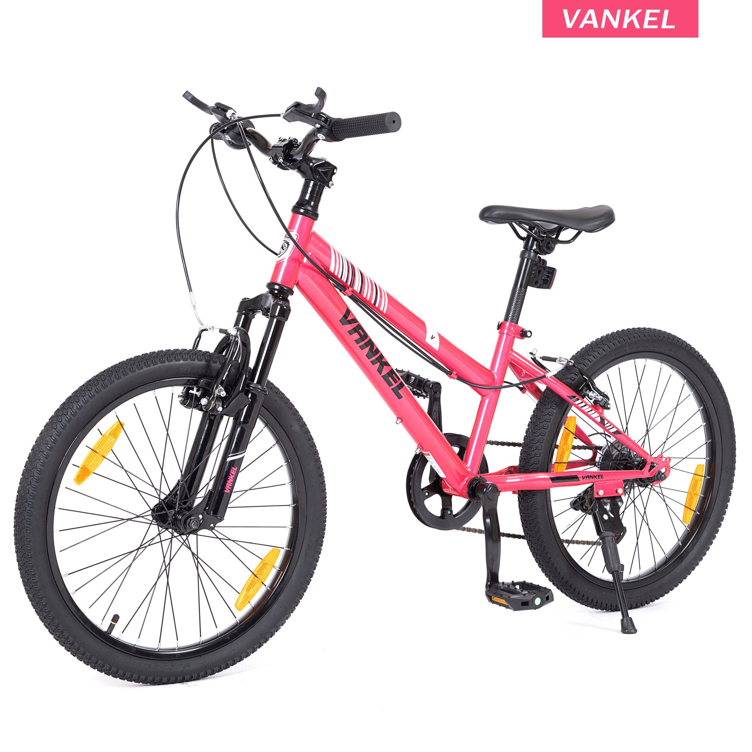 Vankel Kinderfahrrad 20 Zoll, Fahrrad für Kinder, Mountainbike, ab 6 Jahre, 6 Gang, Kettenschaltung, Mit Federgabel, V-Brakes, Reflektoren und Seitenständer