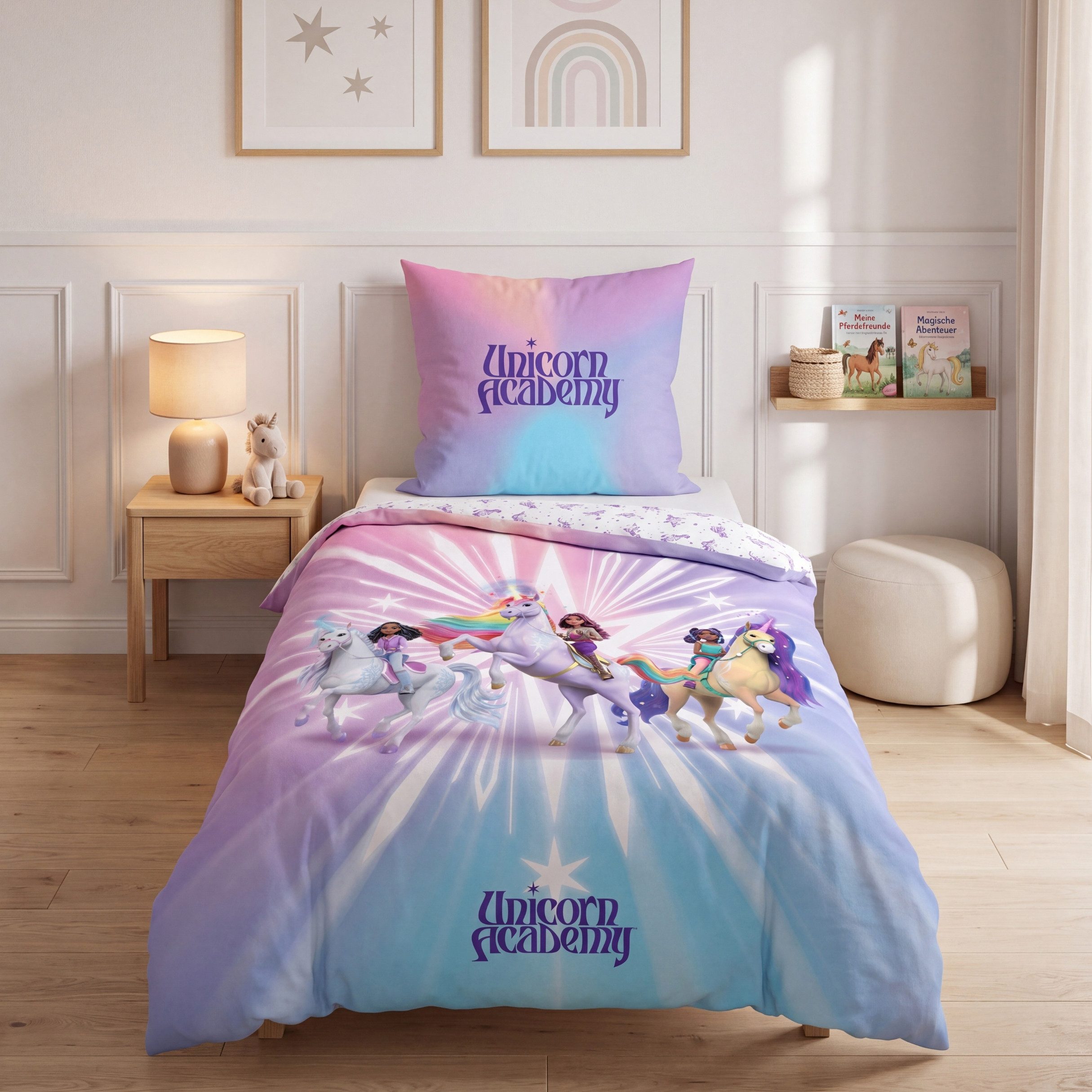 MTOnlinehandel Bettwäsche Unicorn Academy 135x200 cm Flanell, Einhorn, 100% Baumwolle, 2 teilig, Kinderbettwäsche für Mädchen mit Wendedesign