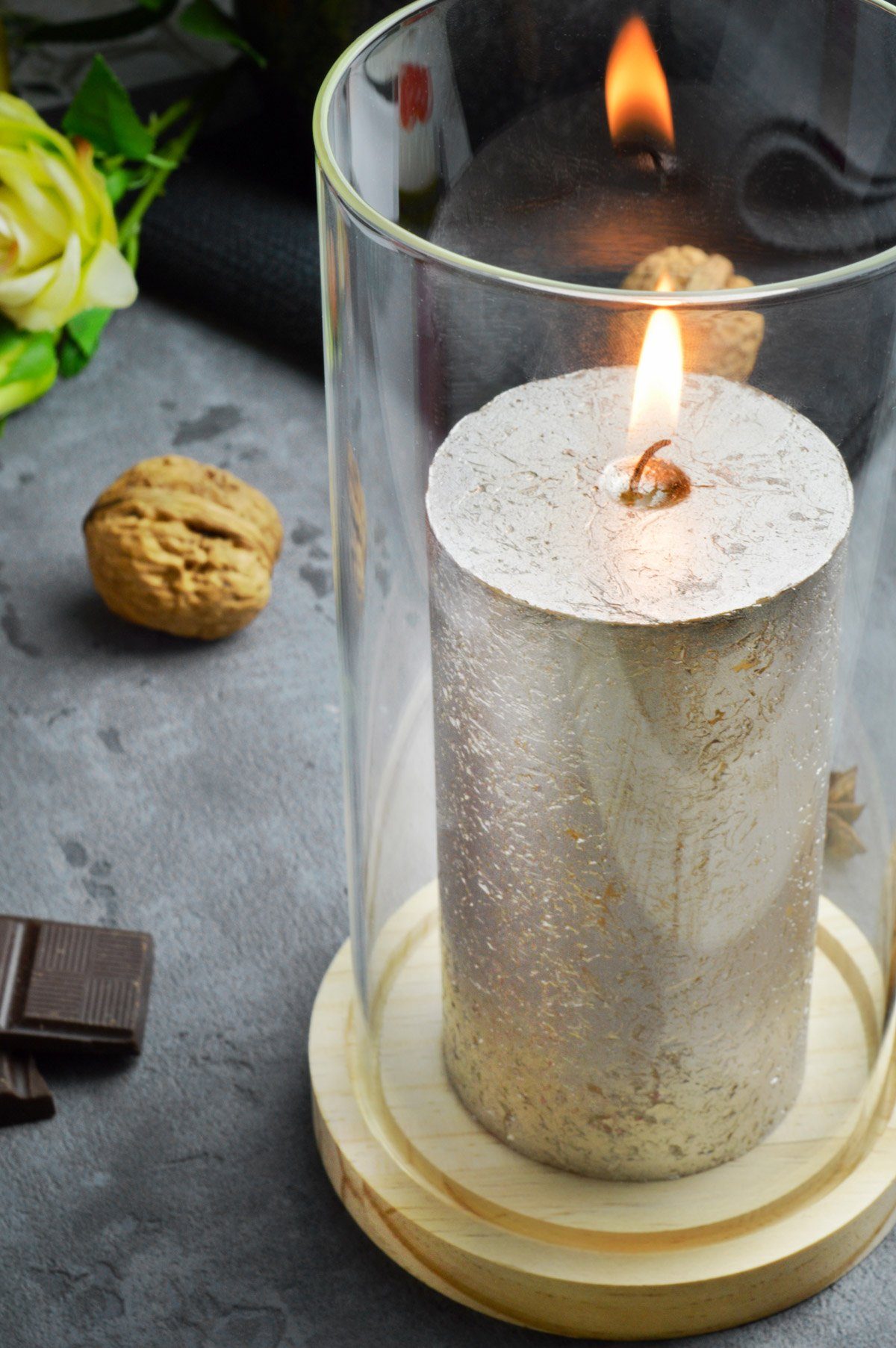 Sendez Windlicht Glaszylinder mit Holzteller Kerzenhalter Kerzenständer Lat günstig online kaufen