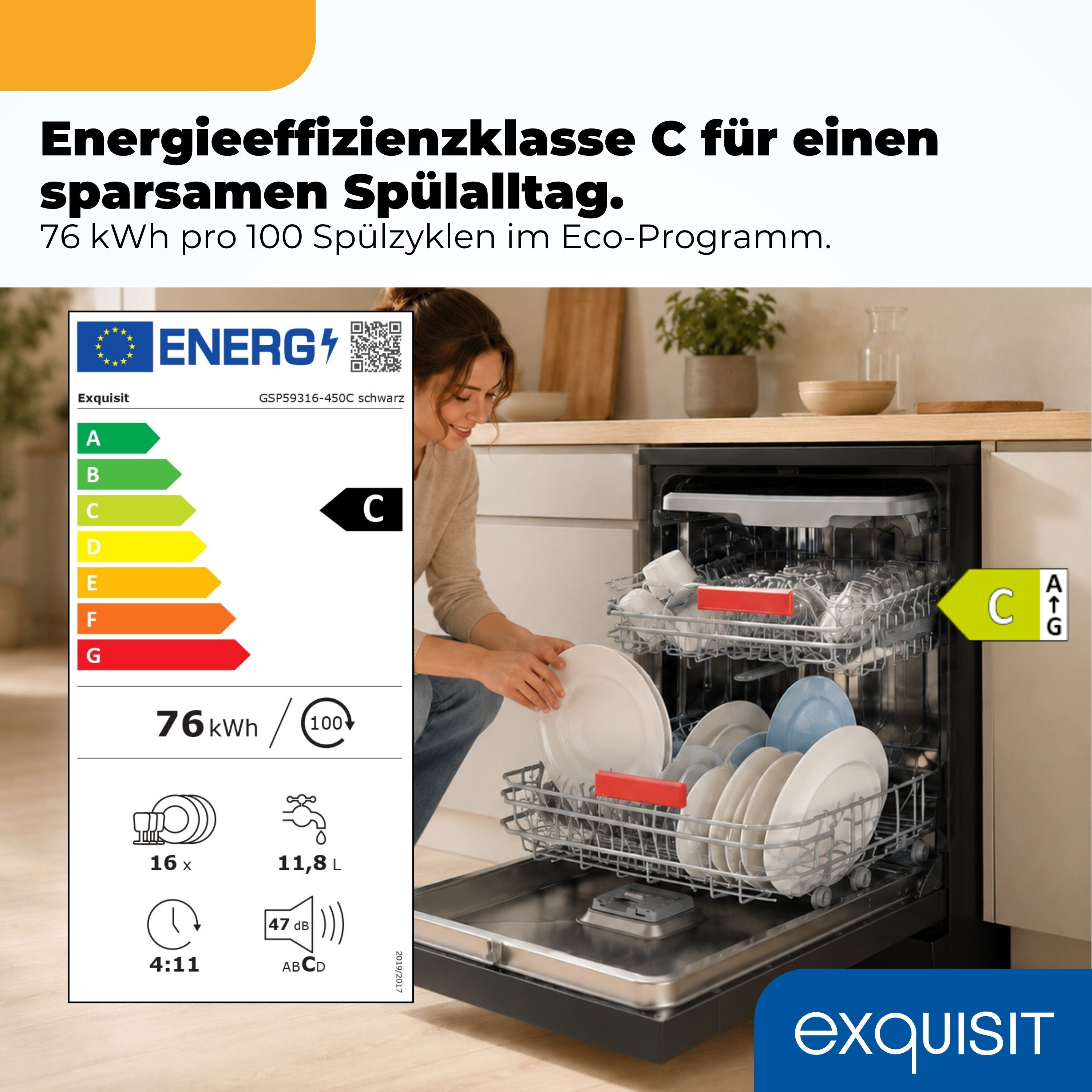 exquisit Standgeschirrspüler GSP59316-450C, 11,8 l, 16 Maßgedecke, LED, 2100 W, 84,5 x 59,8 x 59,0 cm