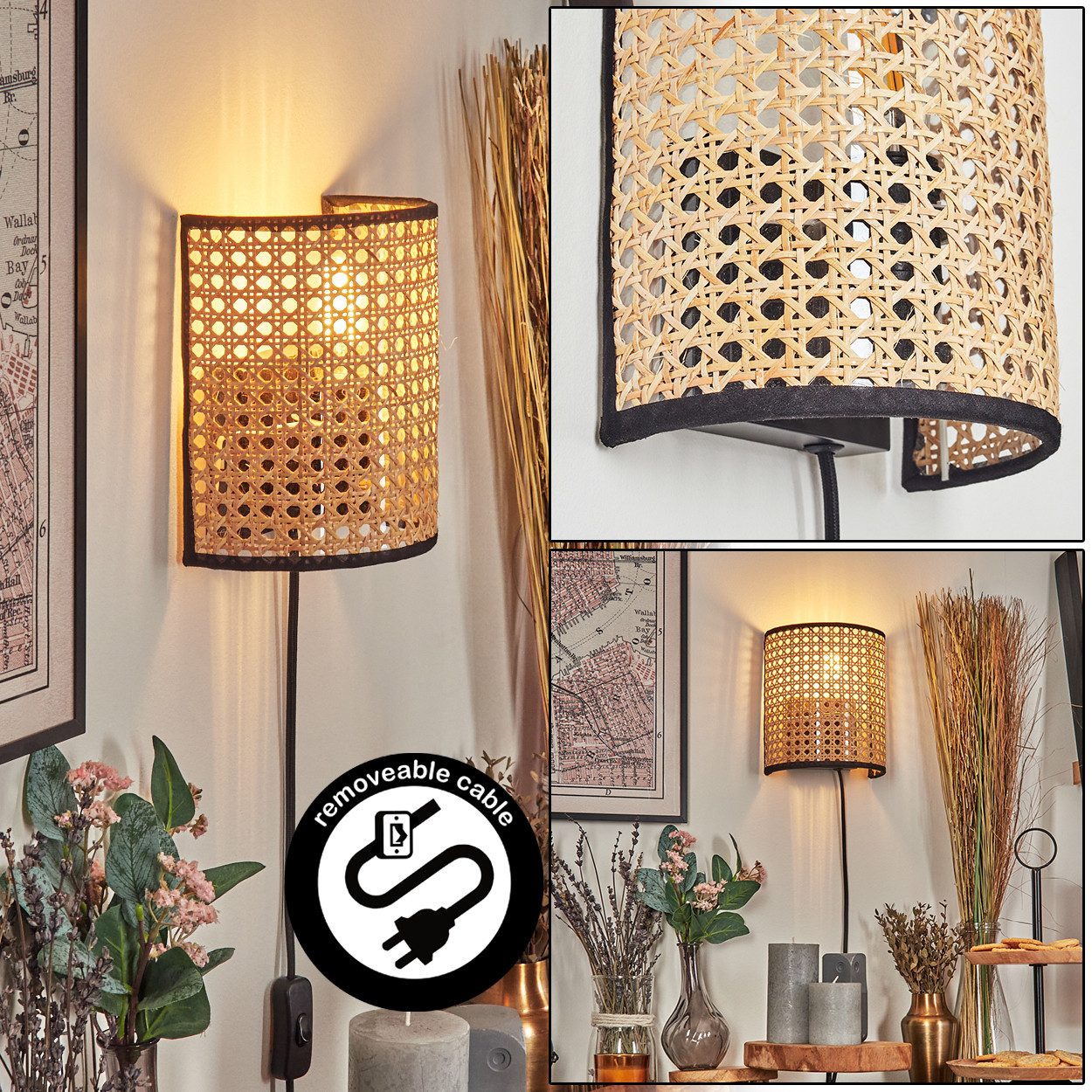 hofstein Wandleuchte Wandlampe aus Metall/Wiener Geflecht/Rattan in Schwarz/Natur, ohne Leuchtmittel, Wandleuchte mit Stecker/Schalter/Kabel, UP & Down Lichteffekt, 1 x E27