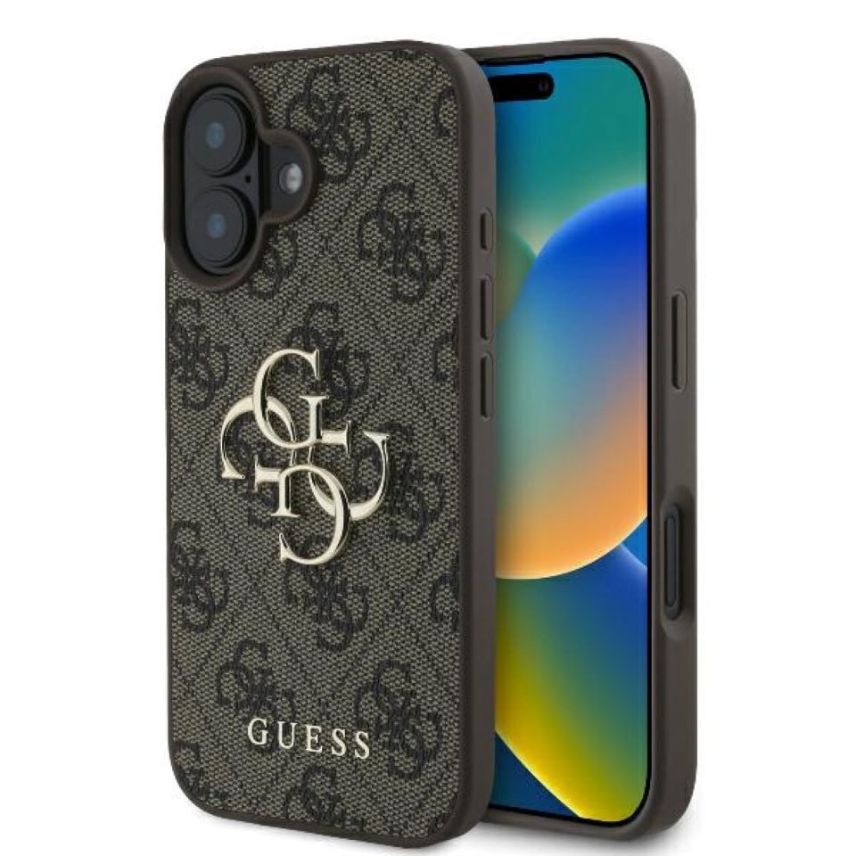 Guess Handyhülle iPhone 16 Kunstleder braun Big Logo goldfarbig 6,1 Zoll, Kantenschutz