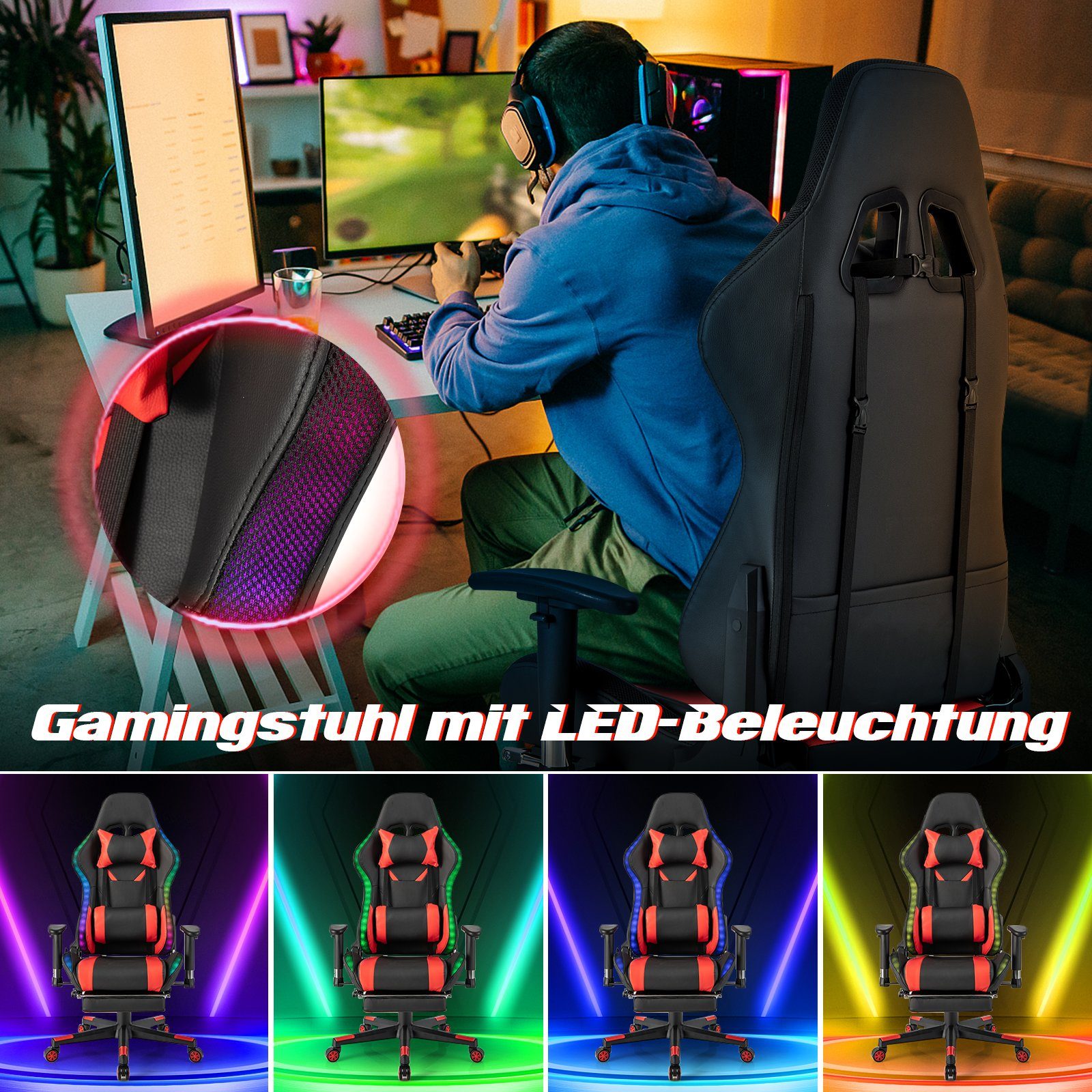 schwarz, Gaming-Stuhl, RGB-LEDs, mit 160kg bis COSTWAY rot Fußstütze, einziehbarer