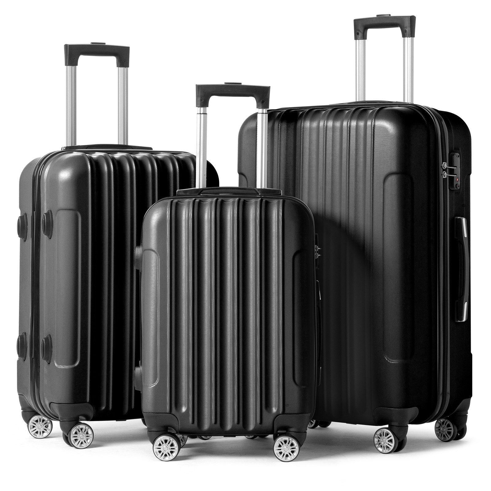 LALAHO Trolley Kofferset Hartschale Reisekoffer, 360° Rollen, 4 Rollen, 3er Set Handgepäck, moderner Koffer, Teleskopstange, Schwarz