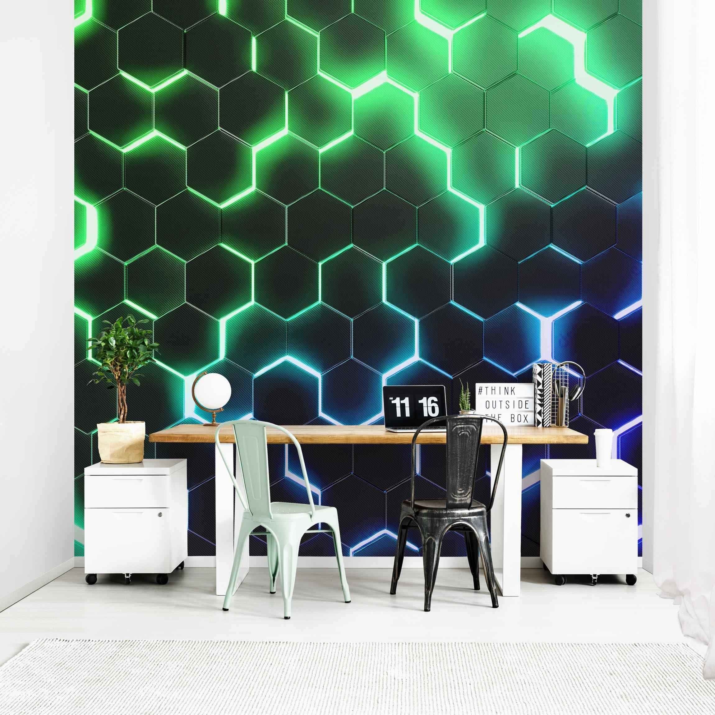 Bilderdepot24 Mustertapete Hexagone Neonlicht Grün 3D-Optik Muster Neon Art Gaming schwarz modern, Glatt, Matt, (Vliestapete inkl. Kleister oder selbstklebend), Jugendzimmer Gaming Zimmer Tapete Wohnzimmer Vliestapete Wandtapete