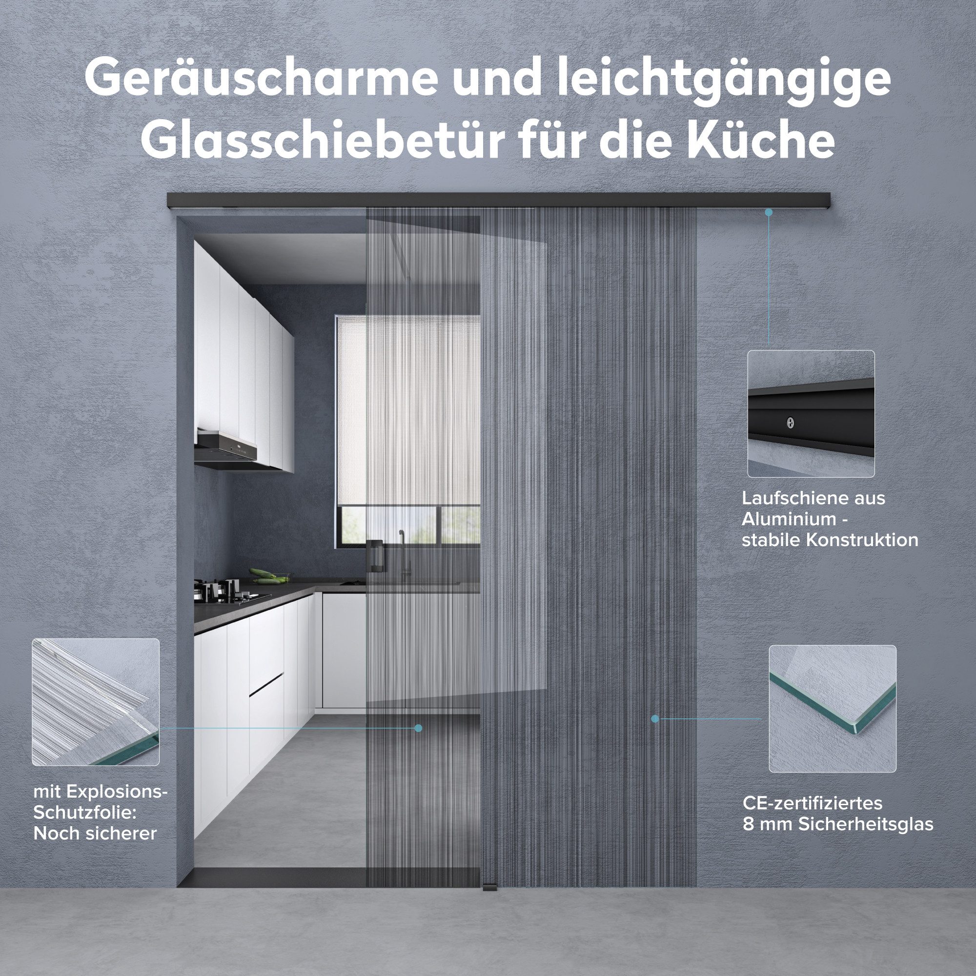 doporro Glasschiebetür Schiebetür Komplettset Zimmertür mit Sicherheitsfolie 8mm ESG Mu001, Aluminiumkonstruktion