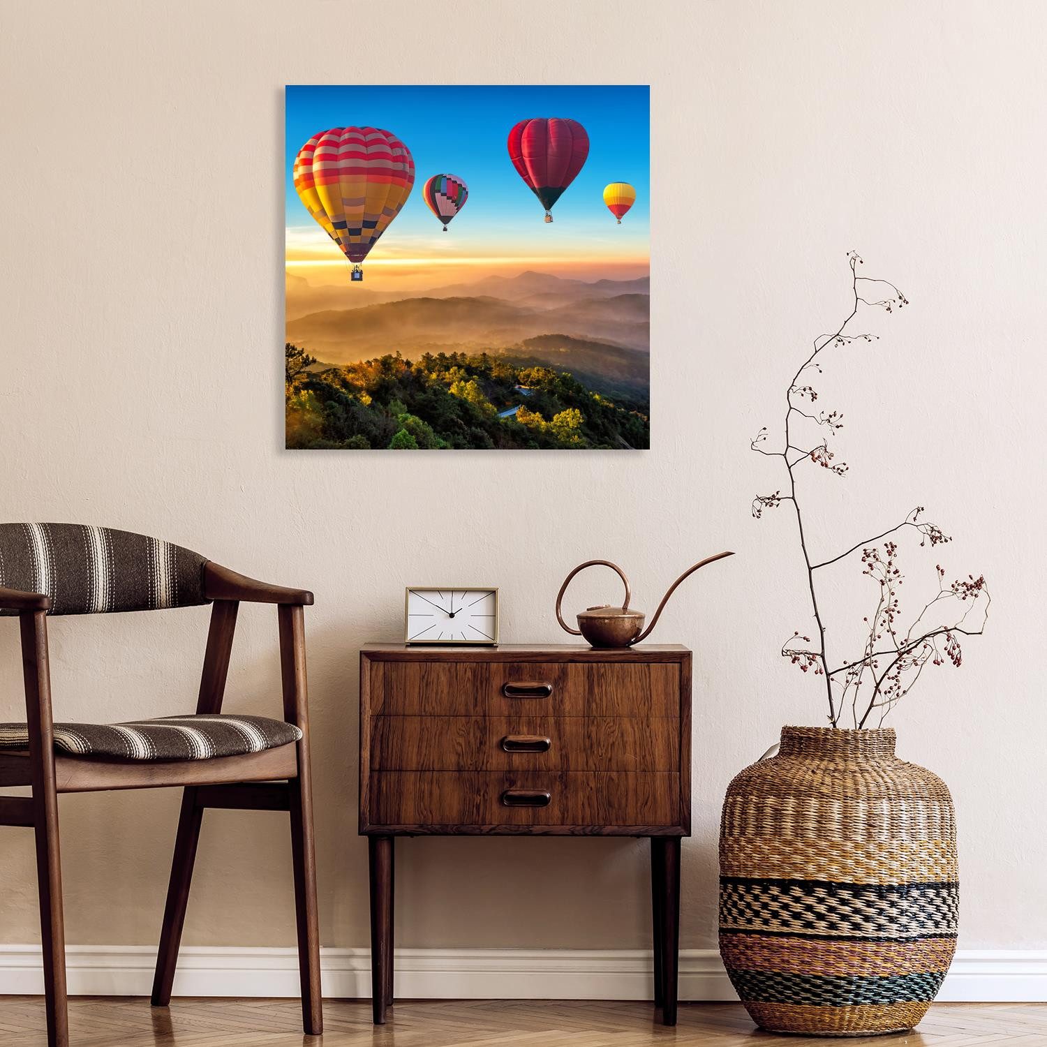 queence XXL-Wandbild Akustikbild Landschaft mit Heißluftballons, Ballonfahren, Heißluftballon, Himmel, Himmelsbilder, Landschaft (1 St), Einfache Akustiklösung ohne Baumaßnahme, Schalldämmung, Paneele