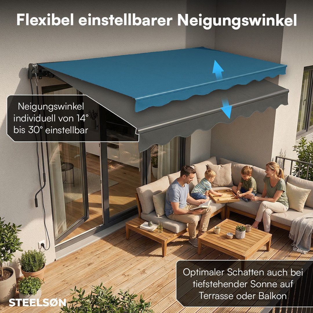 STEELSØN Gelenkarmmarkise Kestria, elektrische Sonnenmarkise mit LED-Beleuchtung (250x200 cm) Balkonmarkise mit Fernbedienung, wetterfest