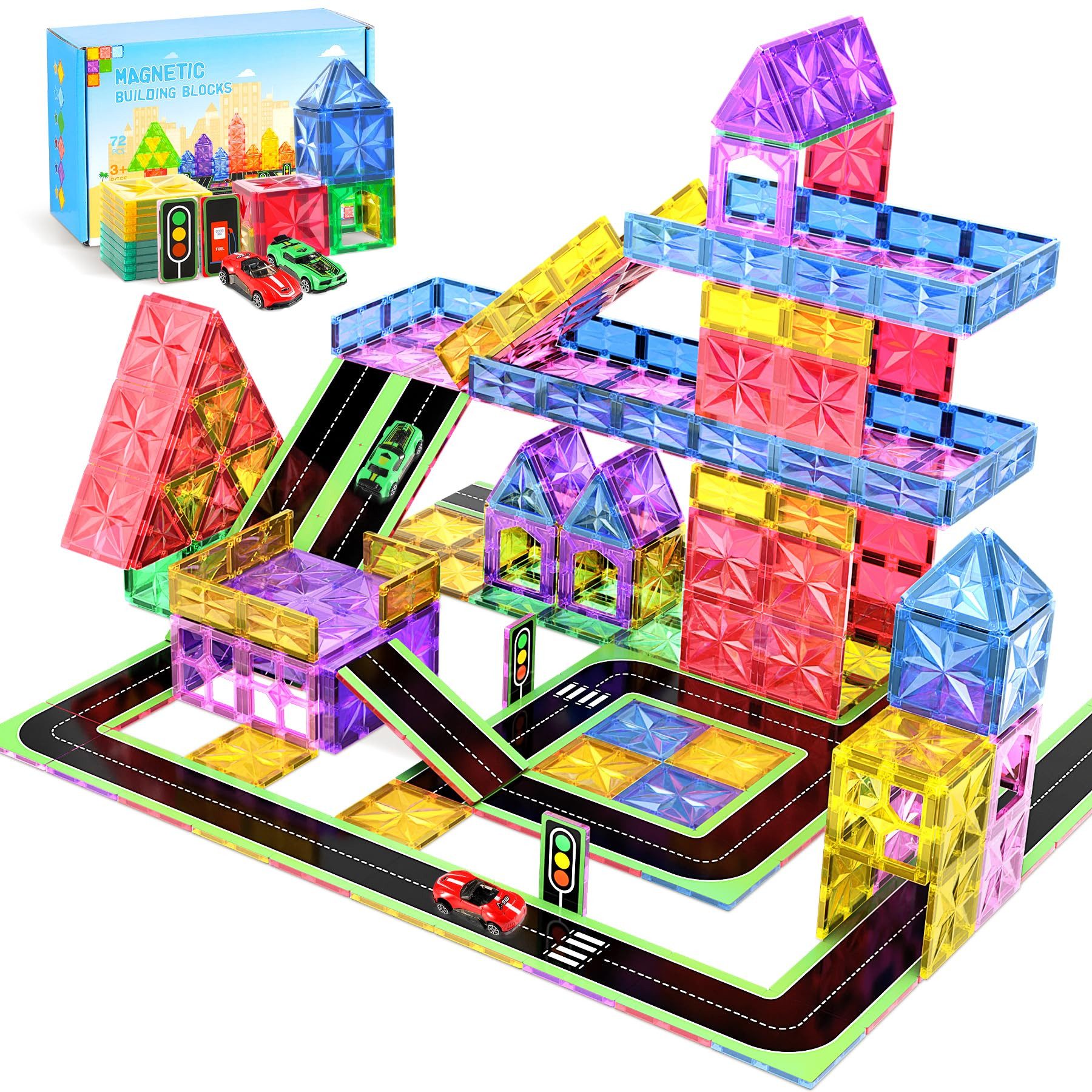 POPOLIC Magnetische Bausteine Set, 72 Teile mit 2 Autos für Kinder ab 3 Jahren Magnetspielbausteine, (enthält 26 Straßenaufsätze und 2 Spielzeugautos in zufälligen Farben), 100% Kompatibilität & starke Magnete