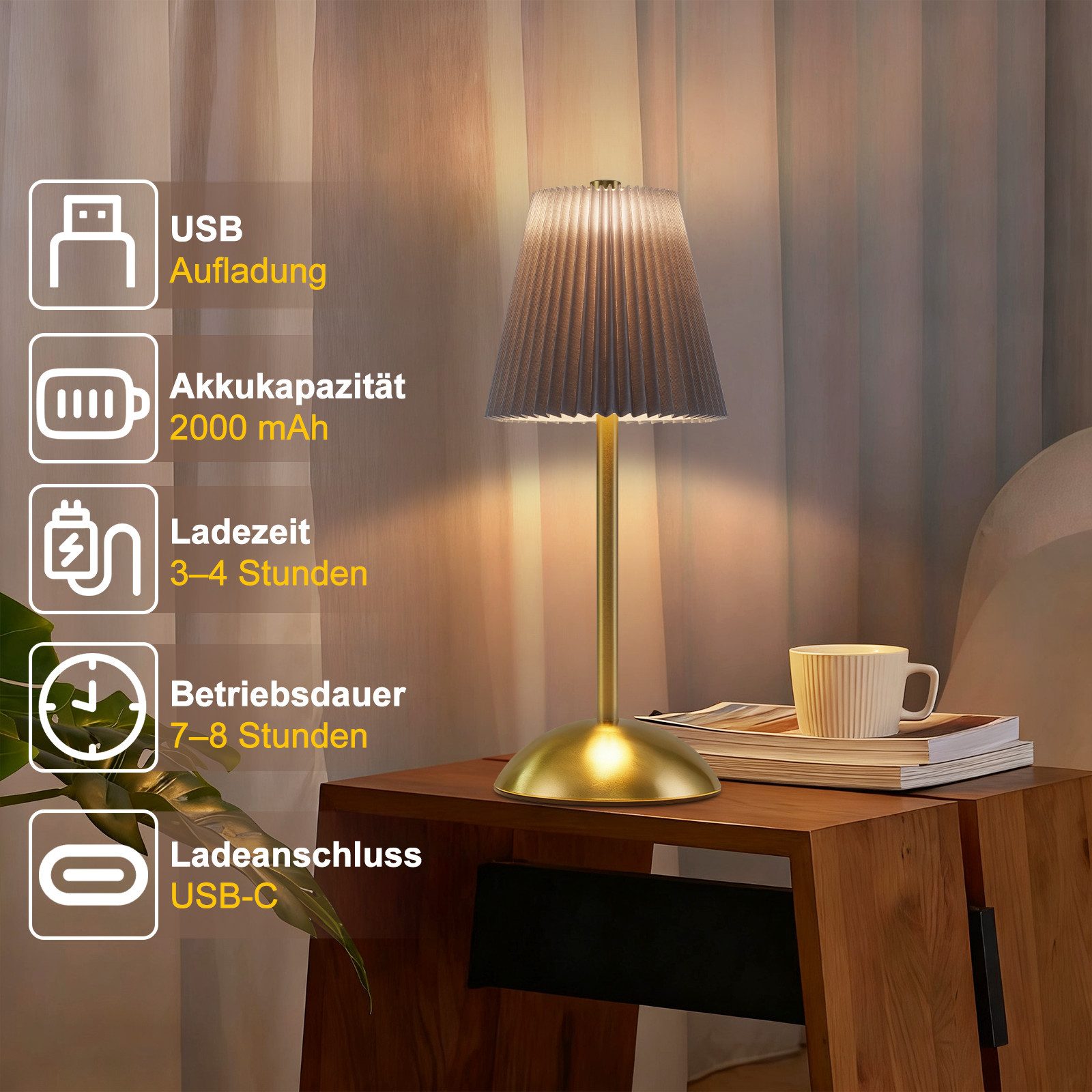 ZMH LED Tischleuchte 2er Set Akku Touch Nachttischlampe - Dimmbar 3 Farbtemperature mit USB, 3000-6500K